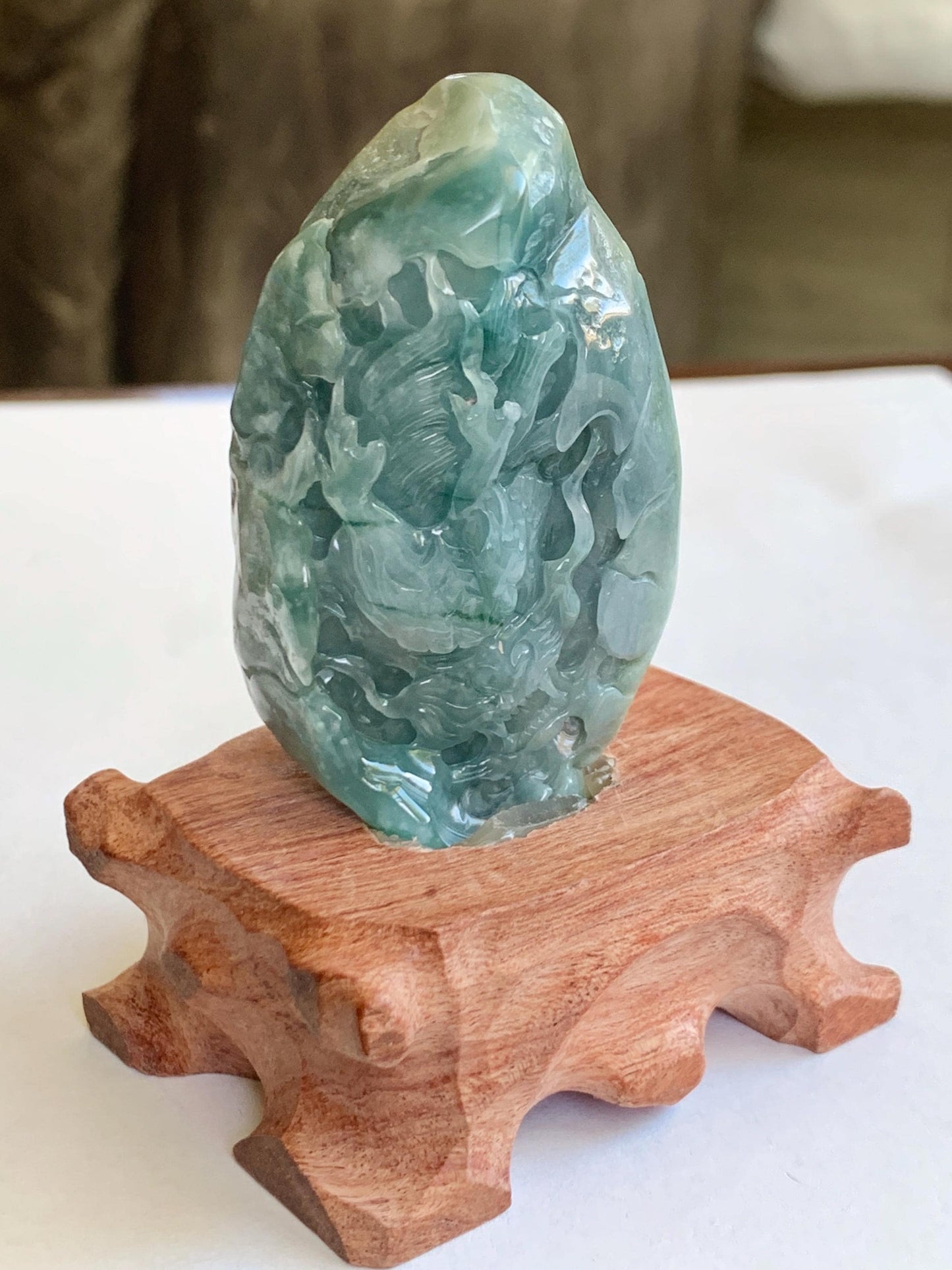 Grade A Natural Guatemalan Dusty Blue Jade Jadeite with Rind Dragon Carved Rock with Wood Stand Home Decor 115g 天然危蓝翡翠皮壳料龙头雕小摆 WPKL220