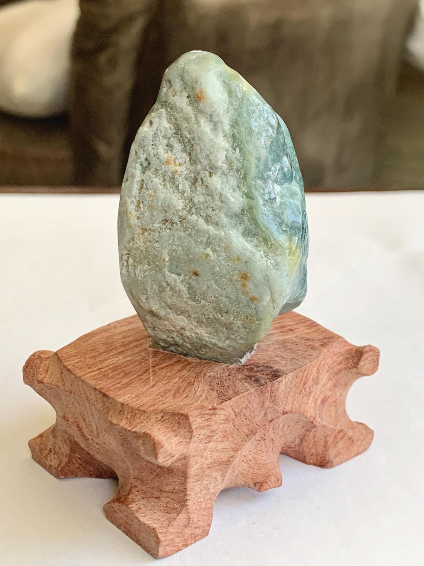 Grade A Natural Guatemalan Dusty Blue Jade Jadeite with Rind Dragon Carved Rock with Wood Stand Home Decor 115g 天然危蓝翡翠皮壳料龙头雕小摆 WPKL220