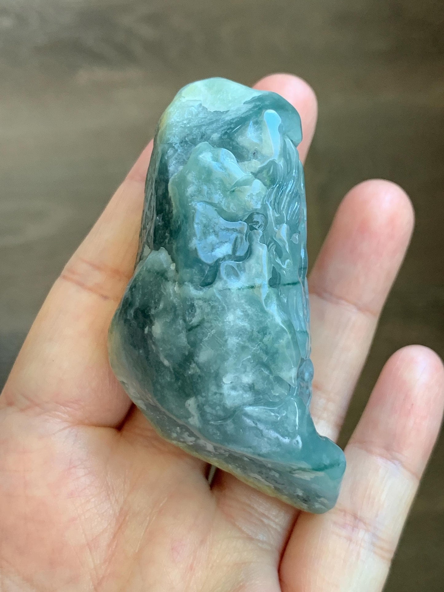 Grade A Natural Guatemalan Dusty Blue Jade Jadeite with Rind Dragon Carved Rock with Wood Stand Home Decor 115g 天然危蓝翡翠皮壳料龙头雕小摆 WPKL220