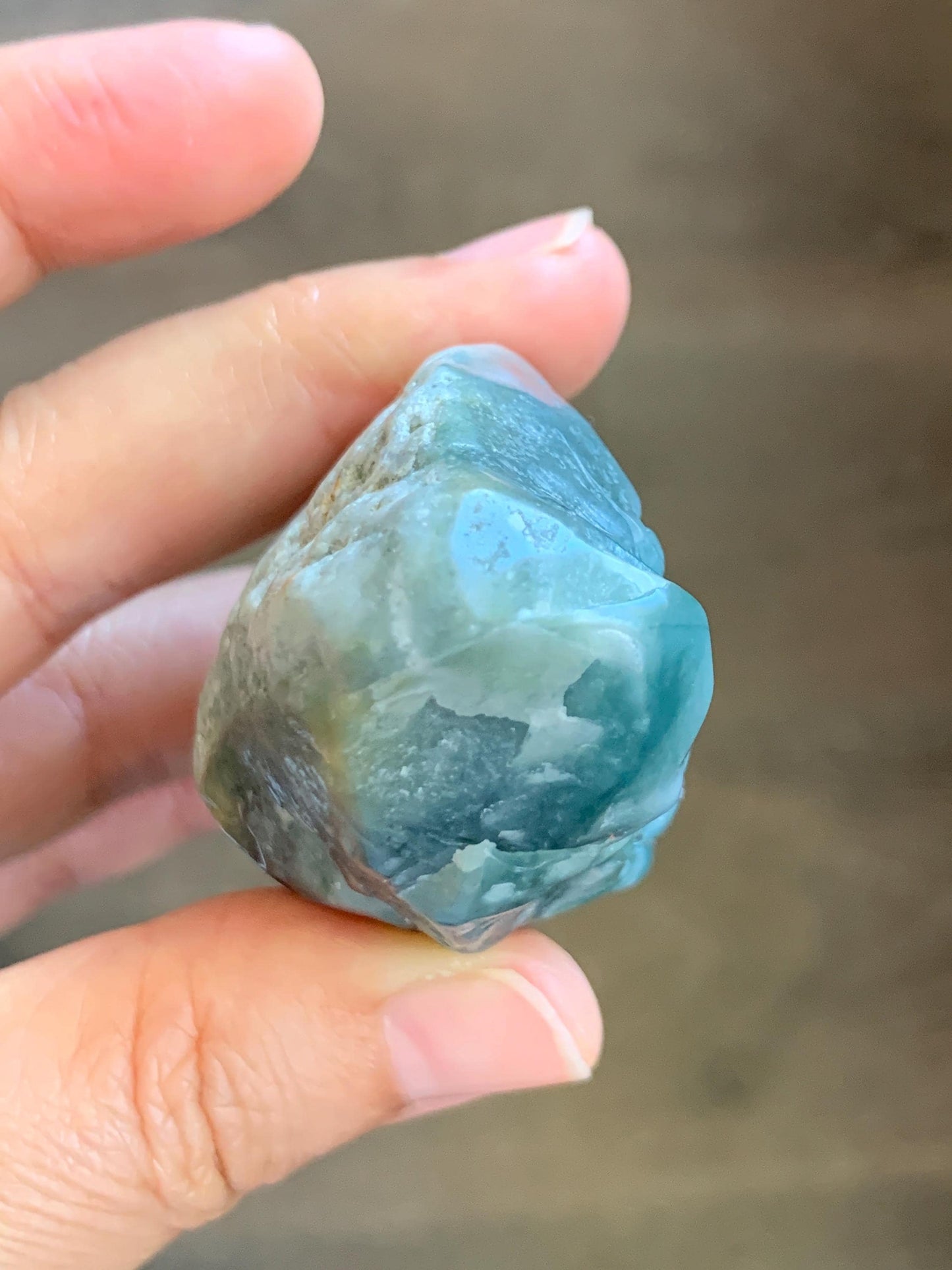 Grade A Natural Guatemalan Dusty Blue Jade Jadeite with Rind Dragon Carved Rock with Wood Stand Home Decor 115g 天然危蓝翡翠皮壳料龙头雕小摆 WPKL220