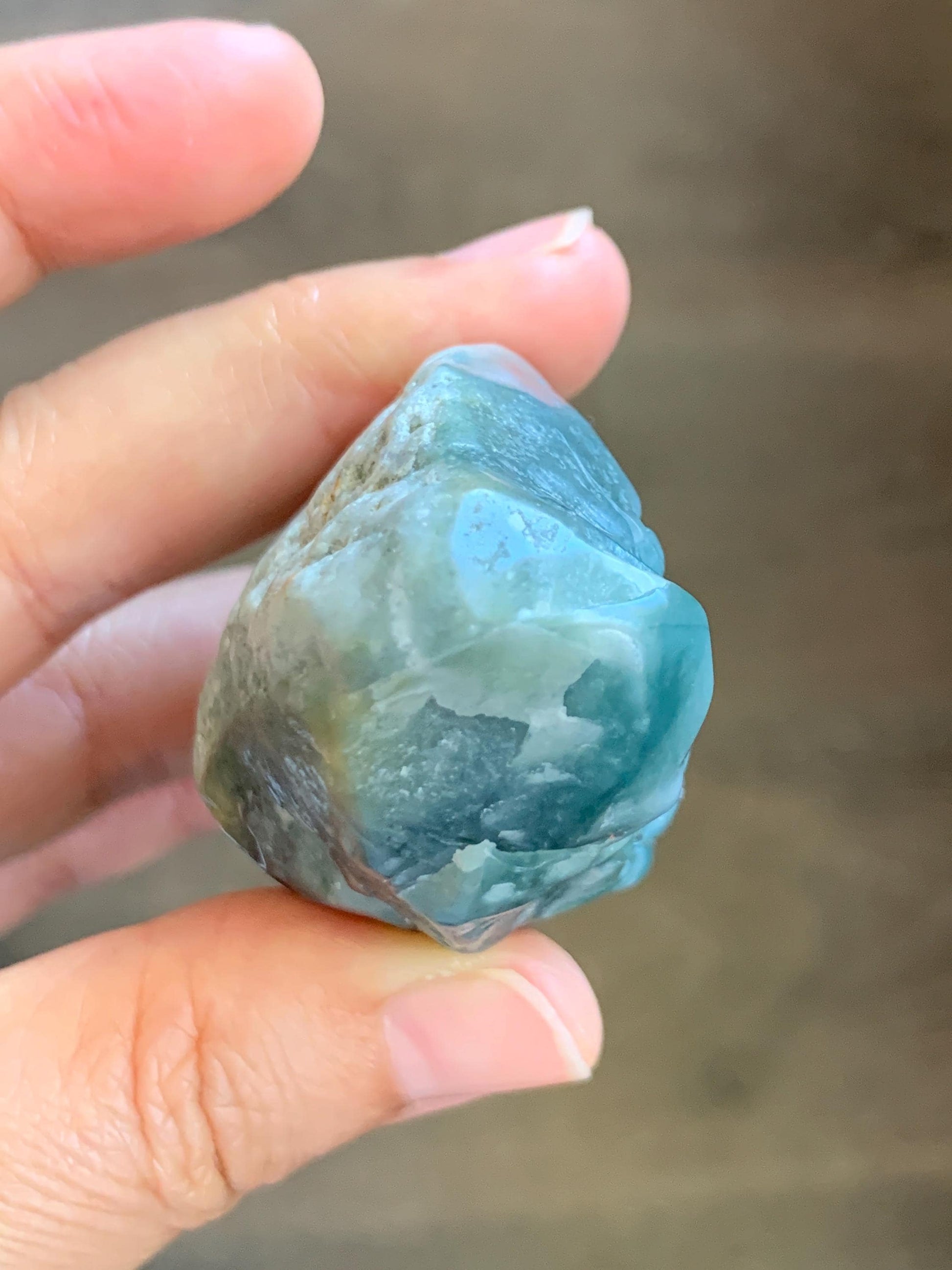 Grade A Natural Guatemalan Dusty Blue Jade Jadeite with Rind Dragon Carved Rock with Wood Stand Home Decor 115g 天然危蓝翡翠皮壳料龙头雕小摆 WPKL220