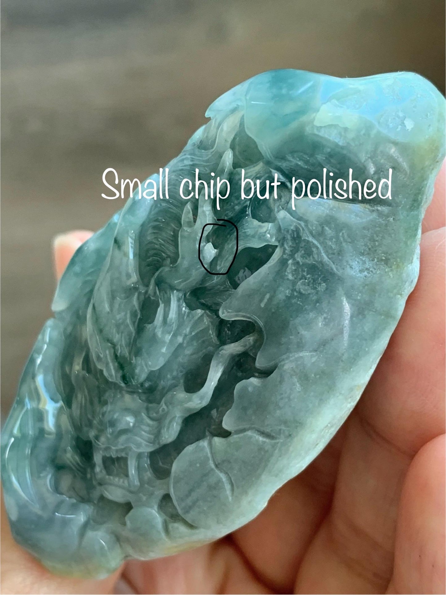 Grade A Natural Guatemalan Dusty Blue Jade Jadeite with Rind Dragon Carved Rock with Wood Stand Home Decor 115g 天然危蓝翡翠皮壳料龙头雕小摆 WPKL220