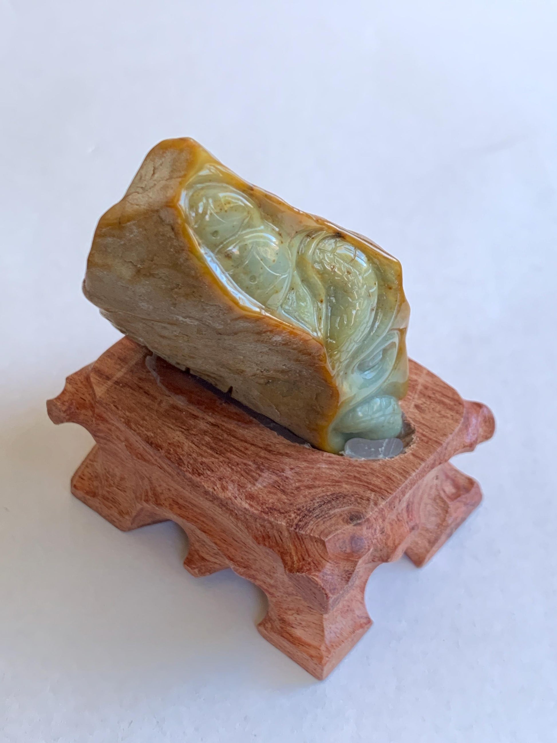 Grade A Natural Guatemalan Dusty Blue Yellow Jade Jadeite with Rind Dragon Carved Rock w/ Wood Stand Home Decor 119g 天然危黄蓝翡翠皮壳料龙头雕小摆 WPKL488