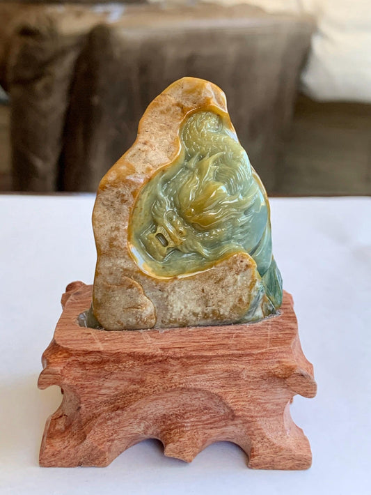 Grade A Natural Guatemalan Dusty Blue Yellow Jade Jadeite with Rind Dragon Carved Rock w/ Wood Stand Home Decor 119g 天然危黄蓝翡翠皮壳料龙头雕小摆 WPKL488