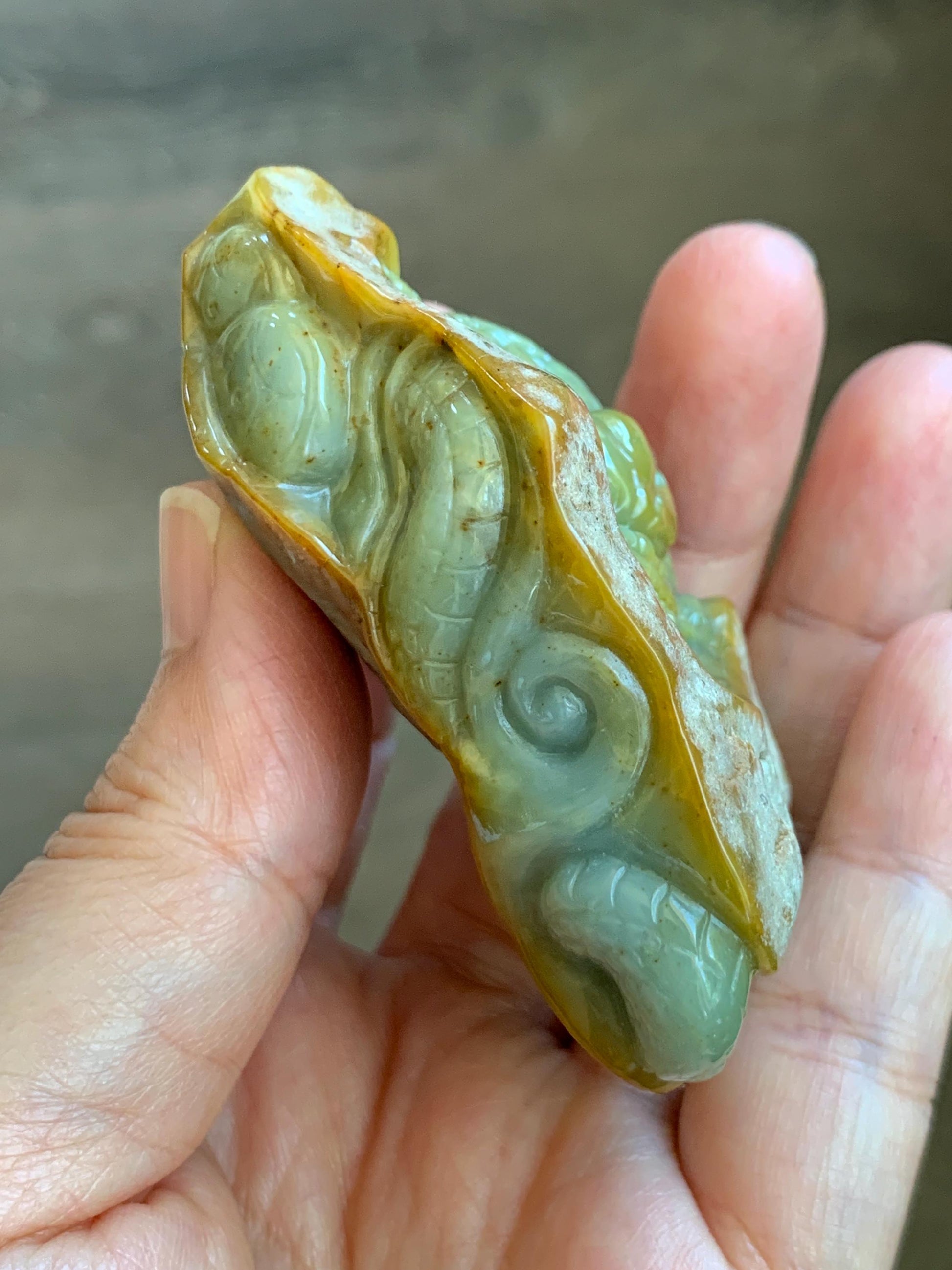 Grade A Natural Guatemalan Dusty Blue Yellow Jade Jadeite with Rind Dragon Carved Rock w/ Wood Stand Home Decor 119g 天然危黄蓝翡翠皮壳料龙头雕小摆 WPKL488