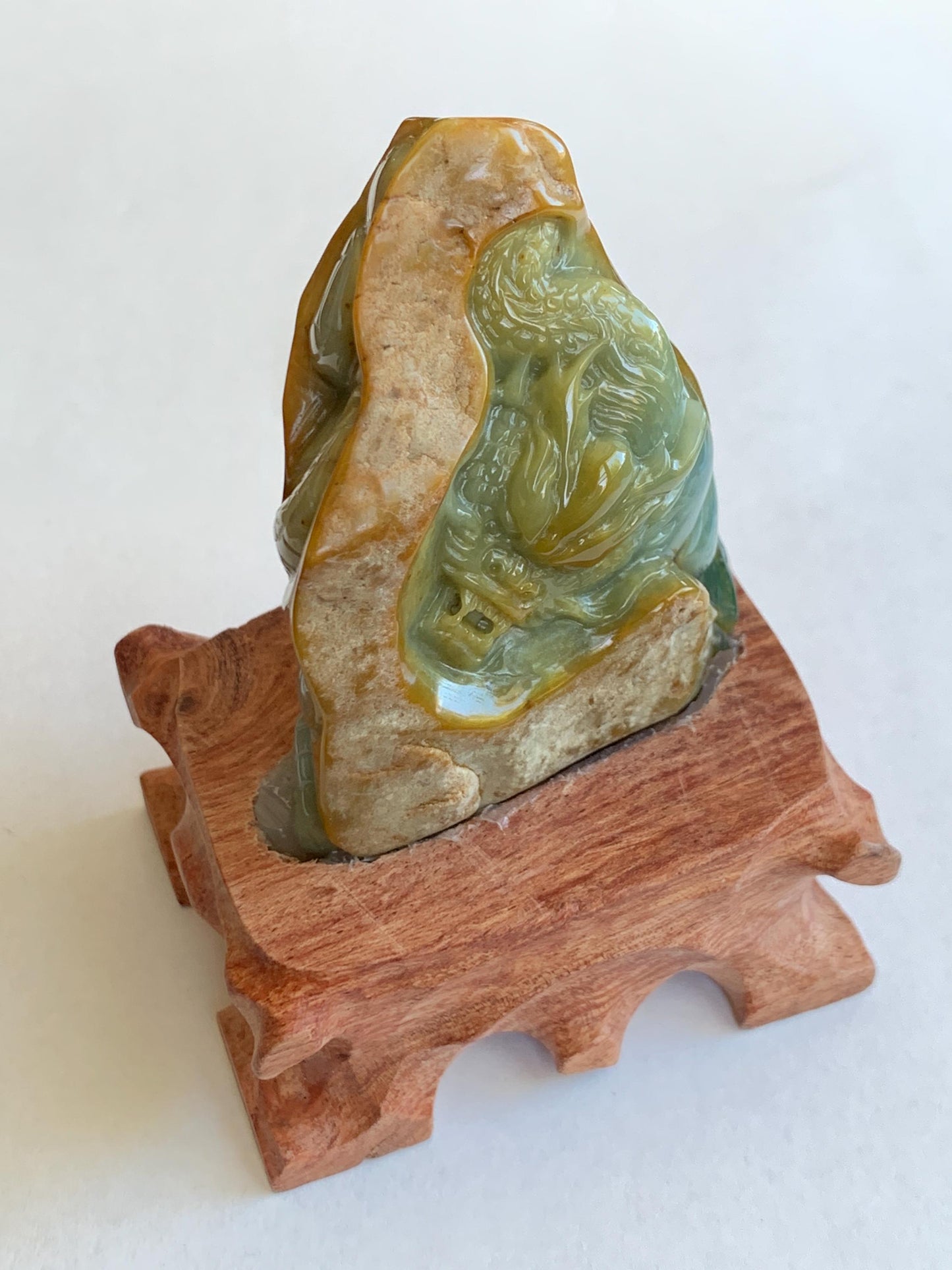 Grade A Natural Guatemalan Dusty Blue Yellow Jade Jadeite with Rind Dragon Carved Rock w/ Wood Stand Home Decor 119g 天然危黄蓝翡翠皮壳料龙头雕小摆 WPKL488
