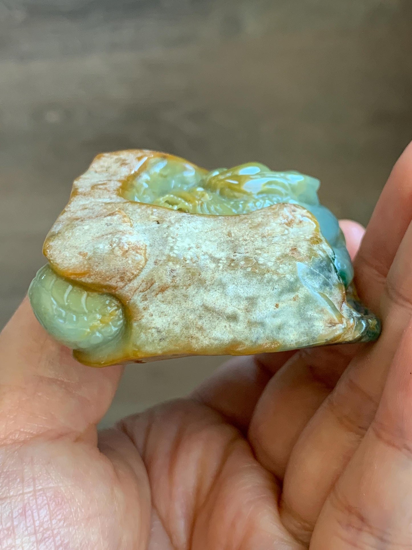 Grade A Natural Guatemalan Dusty Blue Yellow Jade Jadeite with Rind Dragon Carved Rock w/ Wood Stand Home Decor 119g 天然危黄蓝翡翠皮壳料龙头雕小摆 WPKL488