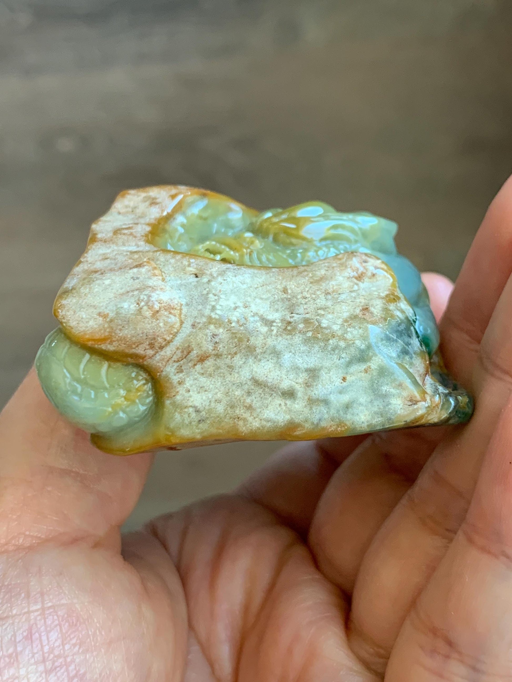 Grade A Natural Guatemalan Dusty Blue Yellow Jade Jadeite with Rind Dragon Carved Rock w/ Wood Stand Home Decor 119g 天然危黄蓝翡翠皮壳料龙头雕小摆 WPKL488