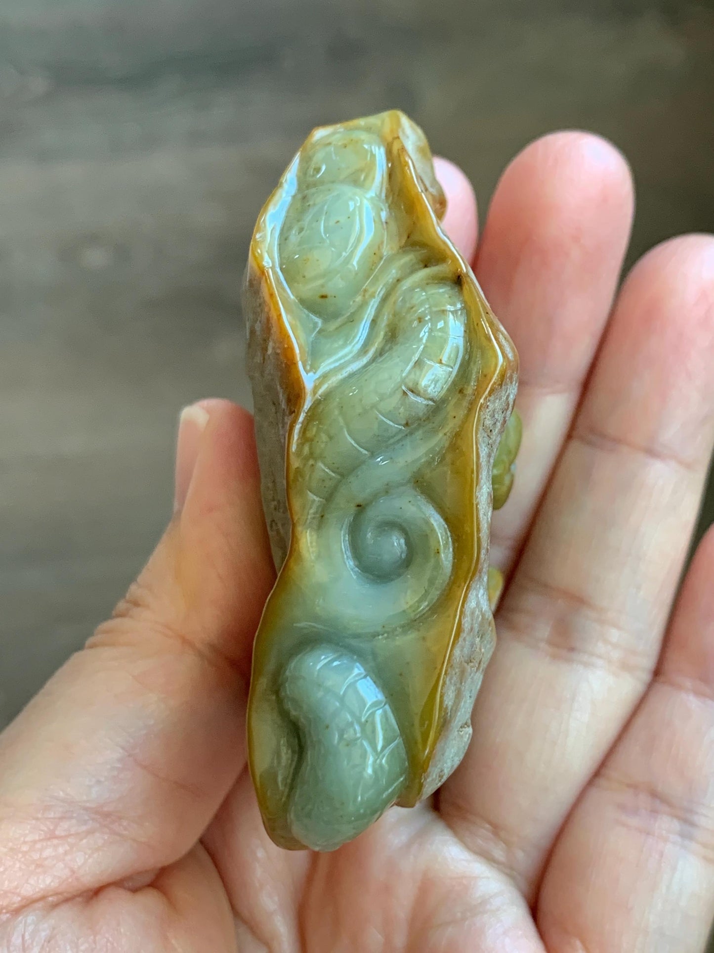 Grade A Natural Guatemalan Dusty Blue Yellow Jade Jadeite with Rind Dragon Carved Rock w/ Wood Stand Home Decor 119g 天然危黄蓝翡翠皮壳料龙头雕小摆 WPKL488