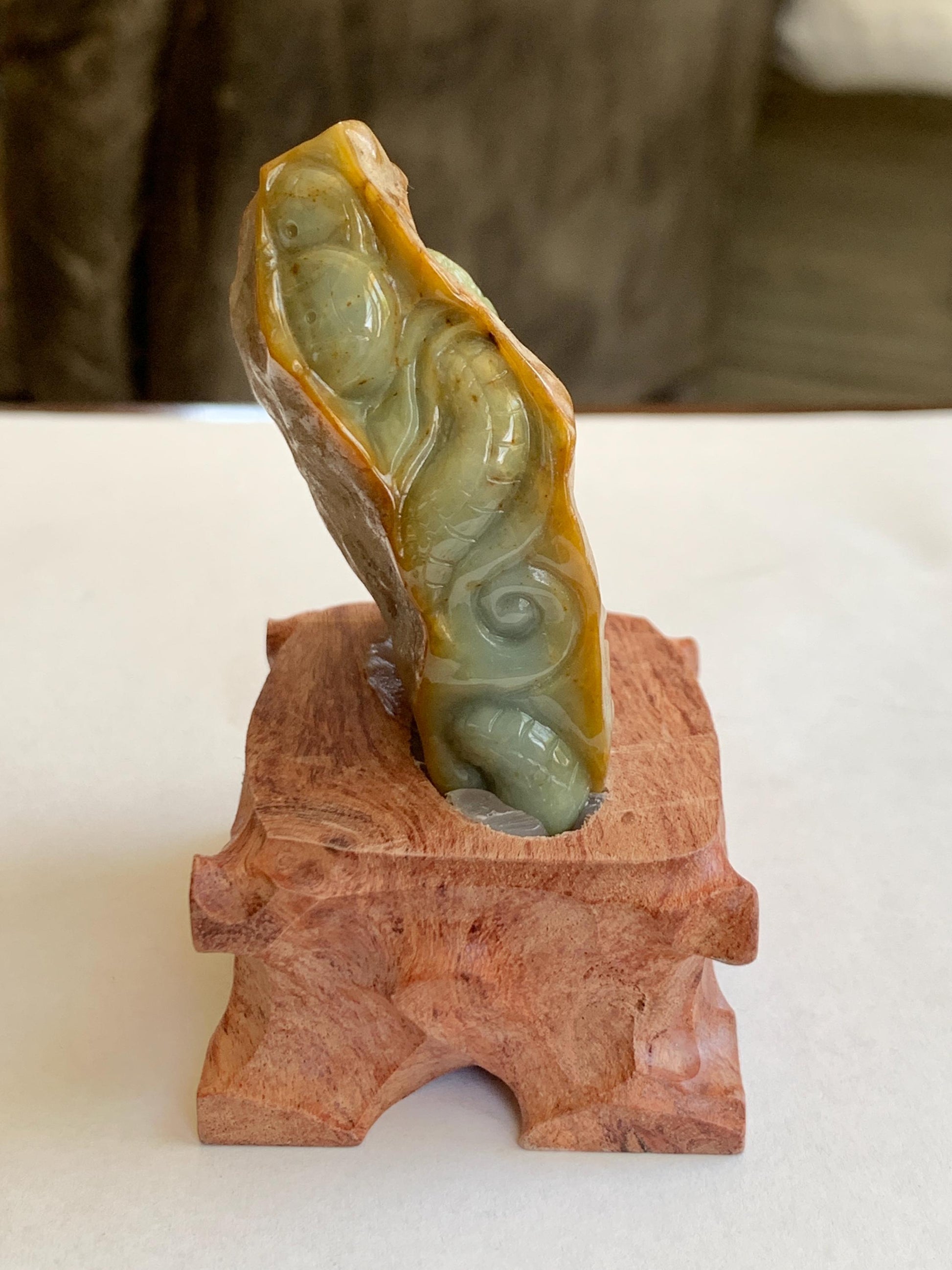 Grade A Natural Guatemalan Dusty Blue Yellow Jade Jadeite with Rind Dragon Carved Rock w/ Wood Stand Home Decor 119g 天然危黄蓝翡翠皮壳料龙头雕小摆 WPKL488