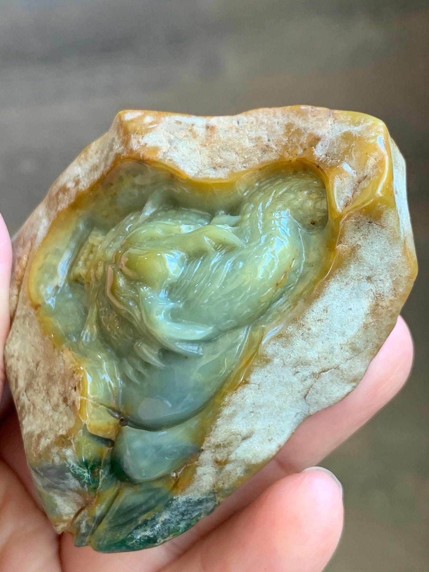 Grade A Natural Guatemalan Dusty Blue Yellow Jade Jadeite with Rind Dragon Carved Rock w/ Wood Stand Home Decor 119g 天然危黄蓝翡翠皮壳料龙头雕小摆 WPKL488