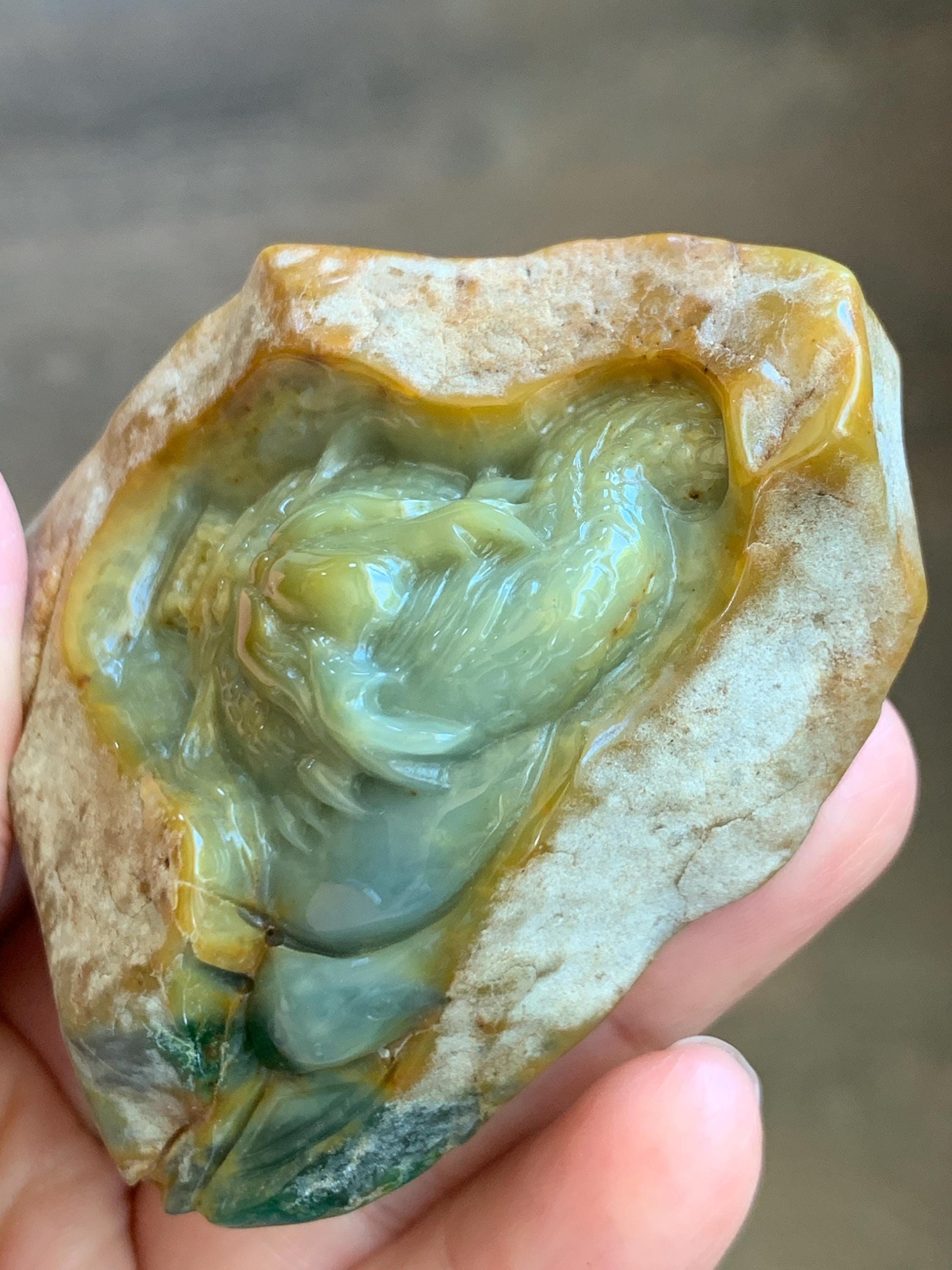 Grade A Natural Guatemalan Dusty Blue Yellow Jade Jadeite with Rind Dragon Carved Rock w/ Wood Stand Home Decor 119g 天然危黄蓝翡翠皮壳料龙头雕小摆 WPKL488
