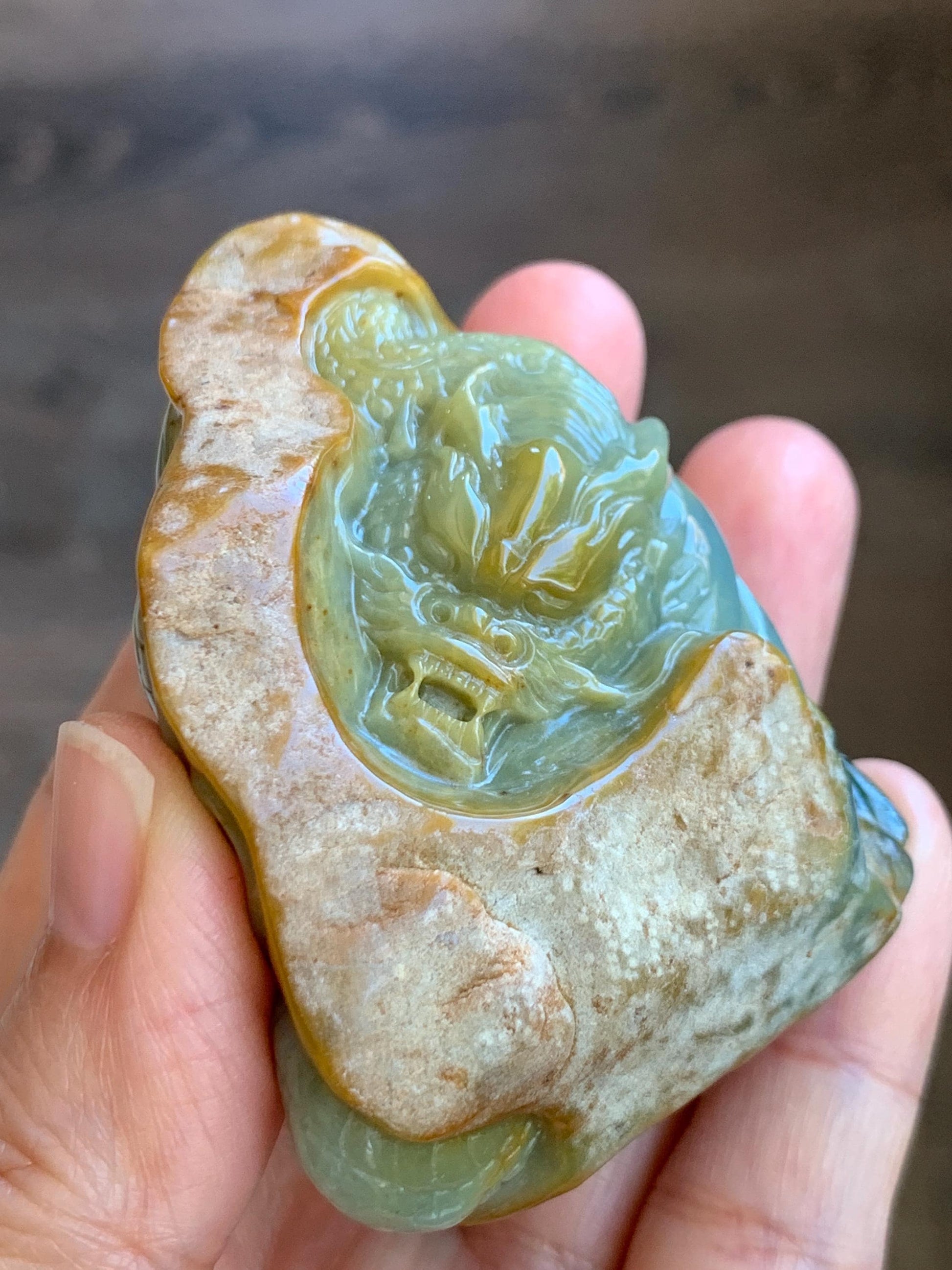 Grade A Natural Guatemalan Dusty Blue Yellow Jade Jadeite with Rind Dragon Carved Rock w/ Wood Stand Home Decor 119g 天然危黄蓝翡翠皮壳料龙头雕小摆 WPKL488