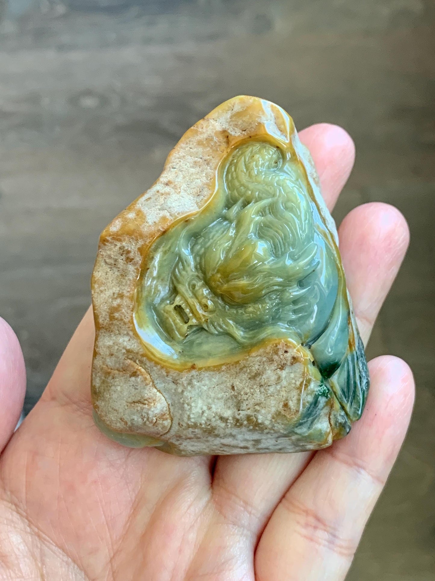 Grade A Natural Guatemalan Dusty Blue Yellow Jade Jadeite with Rind Dragon Carved Rock w/ Wood Stand Home Decor 119g 天然危黄蓝翡翠皮壳料龙头雕小摆 WPKL488