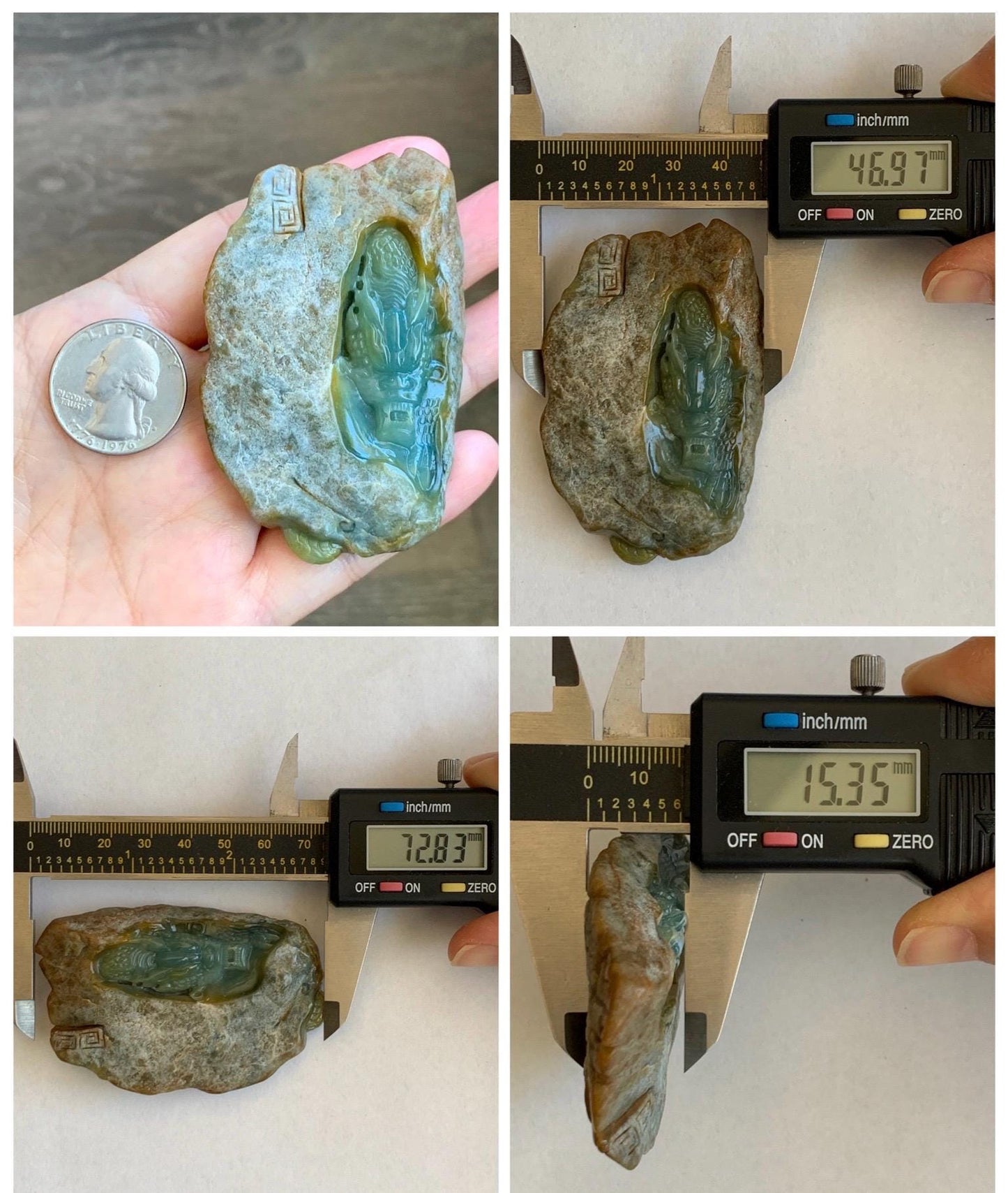 Grade A Natural Guatemalan Dusty Blue Yellow Jade Jadeite with Rind Dragon Carved Rock w/ Wood Stand Home Decor 84g 天然危黄蓝翡翠皮壳料龙头雕小摆 WPKLL