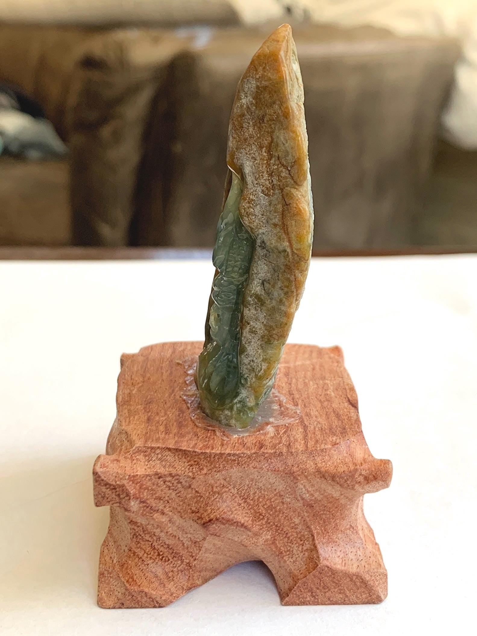 Grade A Natural Guatemalan Dusty Blue Yellow Jade Jadeite with Rind Dragon Carved Rock w/ Wood Stand Home Decor 84g 天然危黄蓝翡翠皮壳料龙头雕小摆 WPKLL