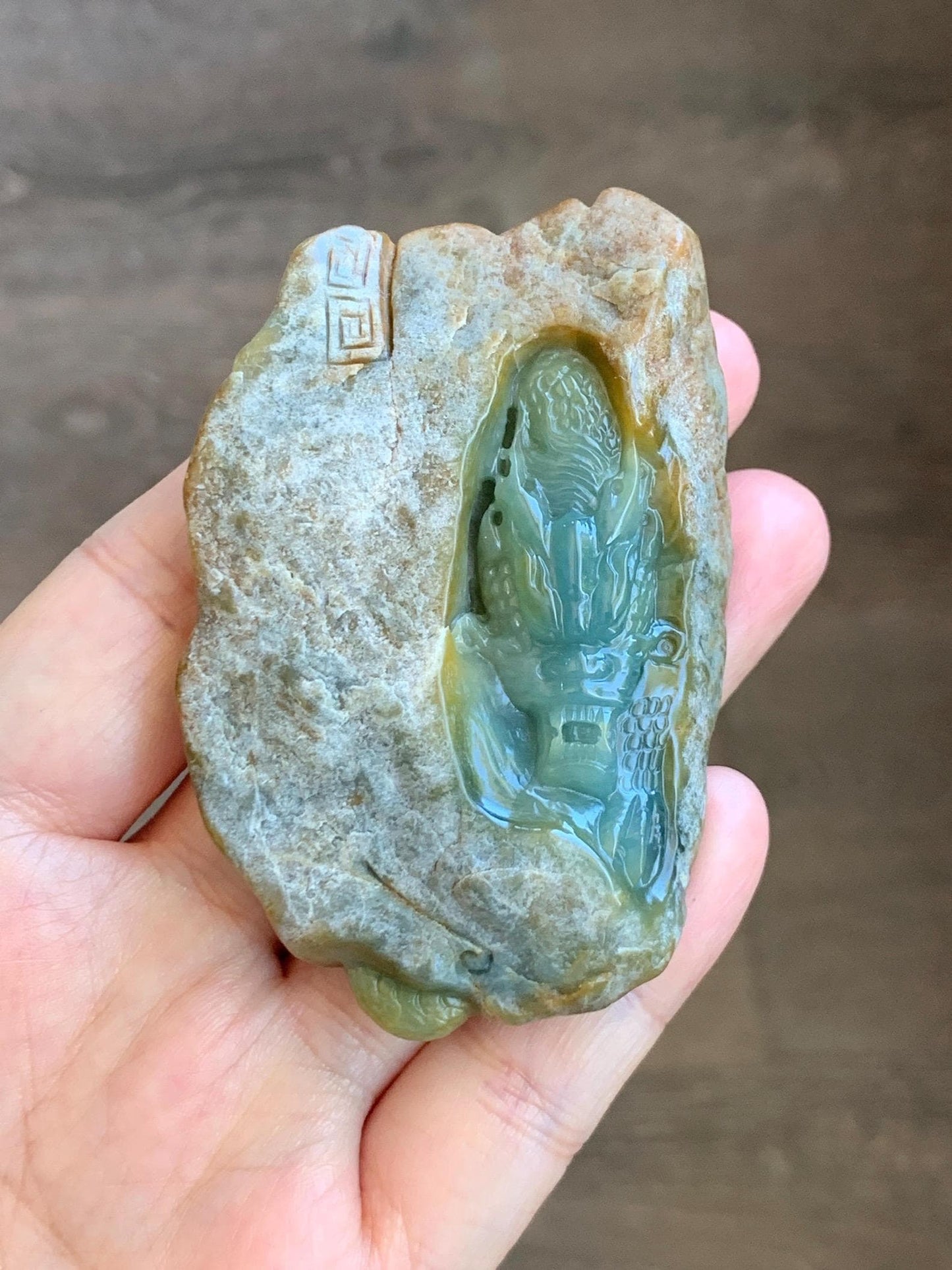 Grade A Natural Guatemalan Dusty Blue Yellow Jade Jadeite with Rind Dragon Carved Rock w/ Wood Stand Home Decor 84g 天然危黄蓝翡翠皮壳料龙头雕小摆 WPKLL