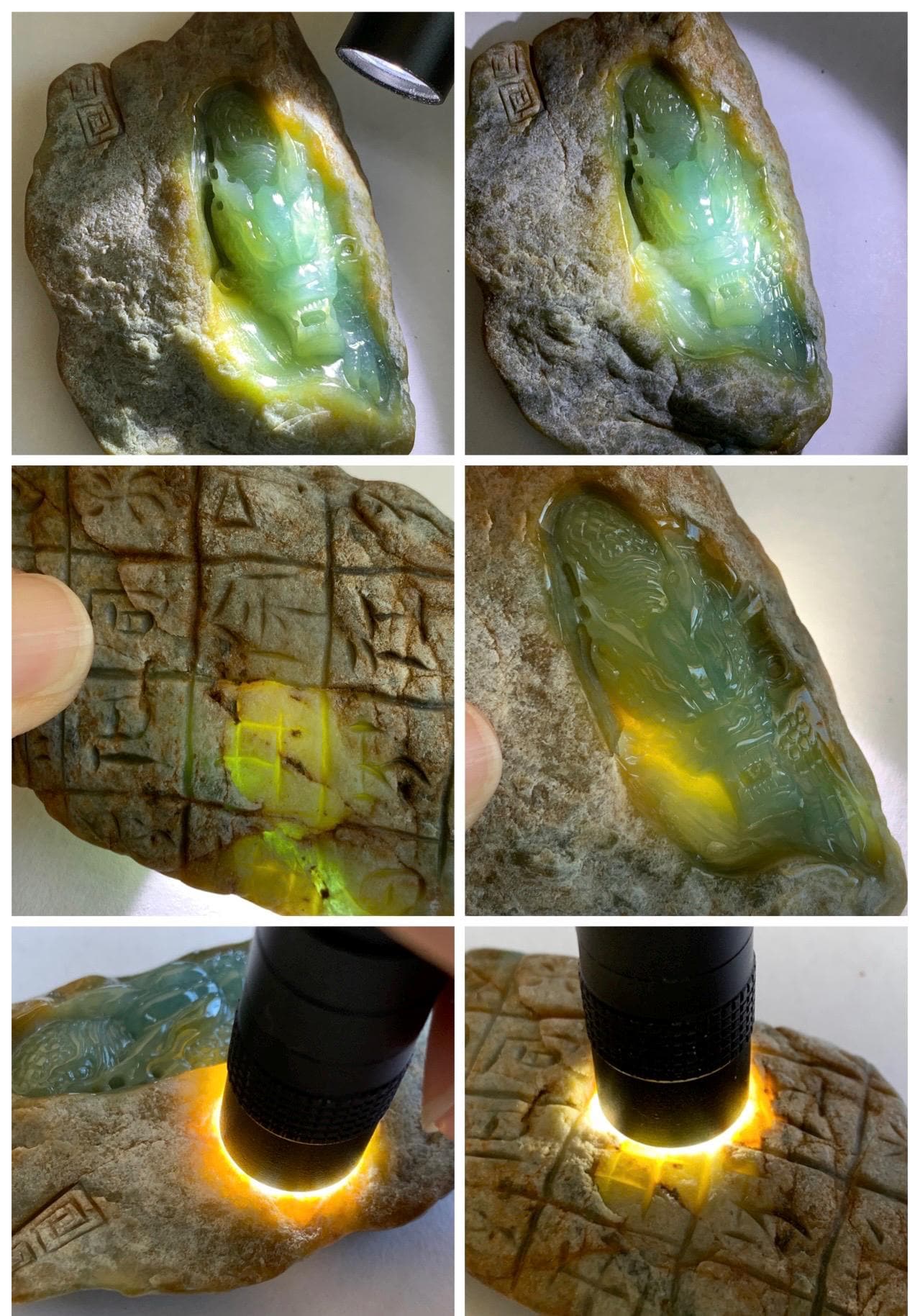 Grade A Natural Guatemalan Dusty Blue Yellow Jade Jadeite with Rind Dragon Carved Rock w/ Wood Stand Home Decor 84g 天然危黄蓝翡翠皮壳料龙头雕小摆 WPKLL
