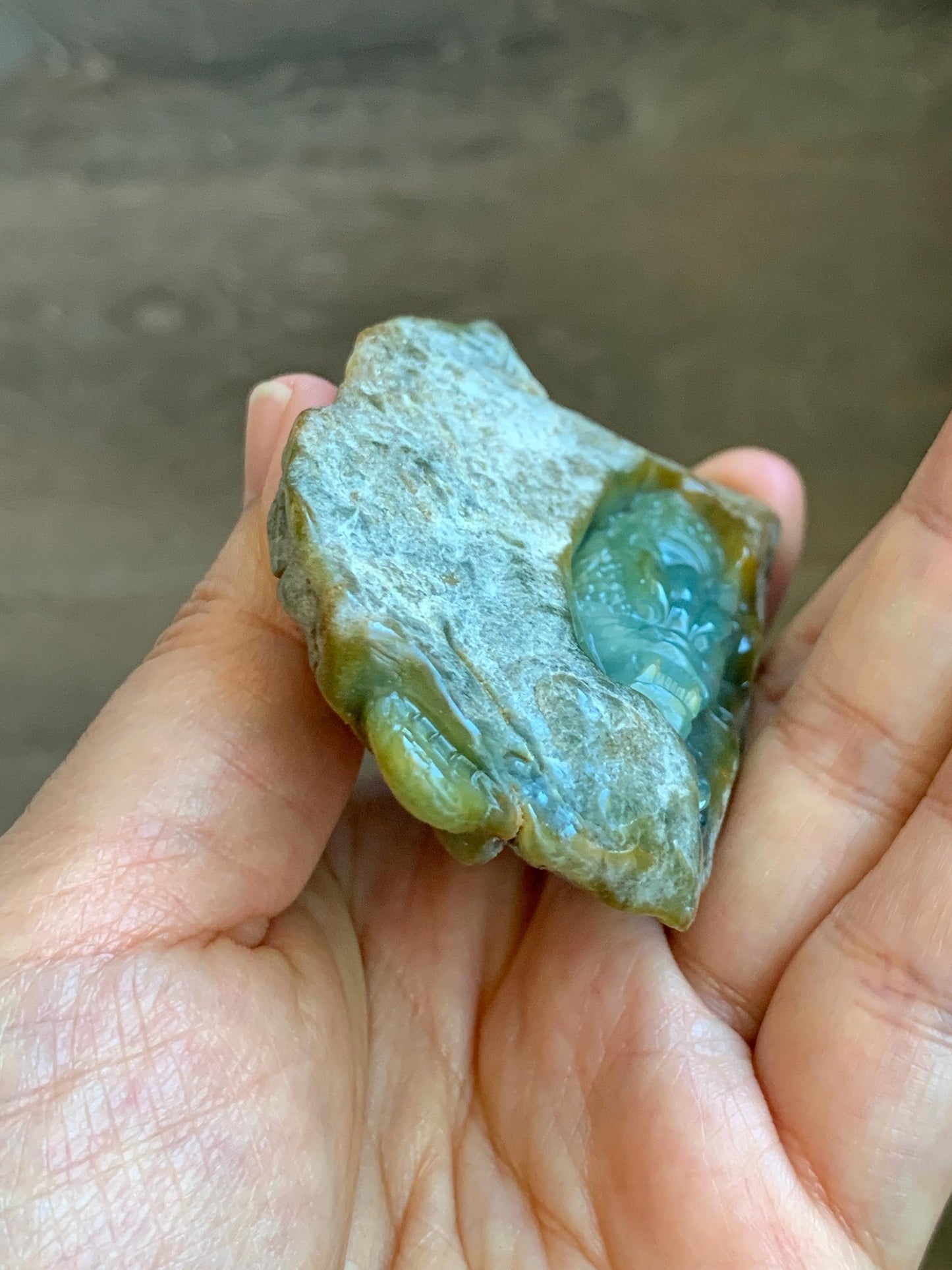 Grade A Natural Guatemalan Dusty Blue Yellow Jade Jadeite with Rind Dragon Carved Rock w/ Wood Stand Home Decor 84g 天然危黄蓝翡翠皮壳料龙头雕小摆 WPKLL