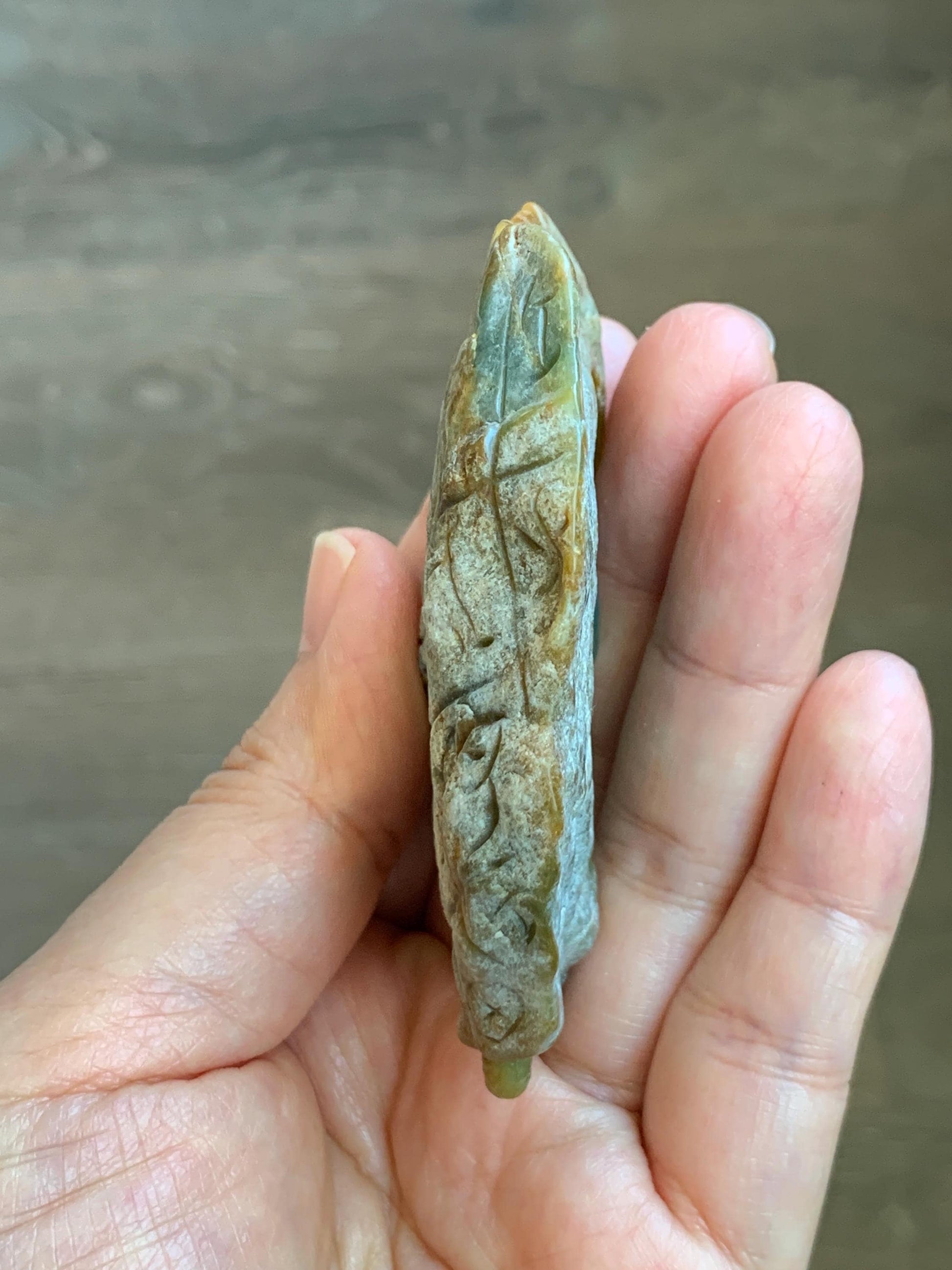Grade A Natural Guatemalan Dusty Blue Yellow Jade Jadeite with Rind Dragon Carved Rock w/ Wood Stand Home Decor 84g 天然危黄蓝翡翠皮壳料龙头雕小摆 WPKLL