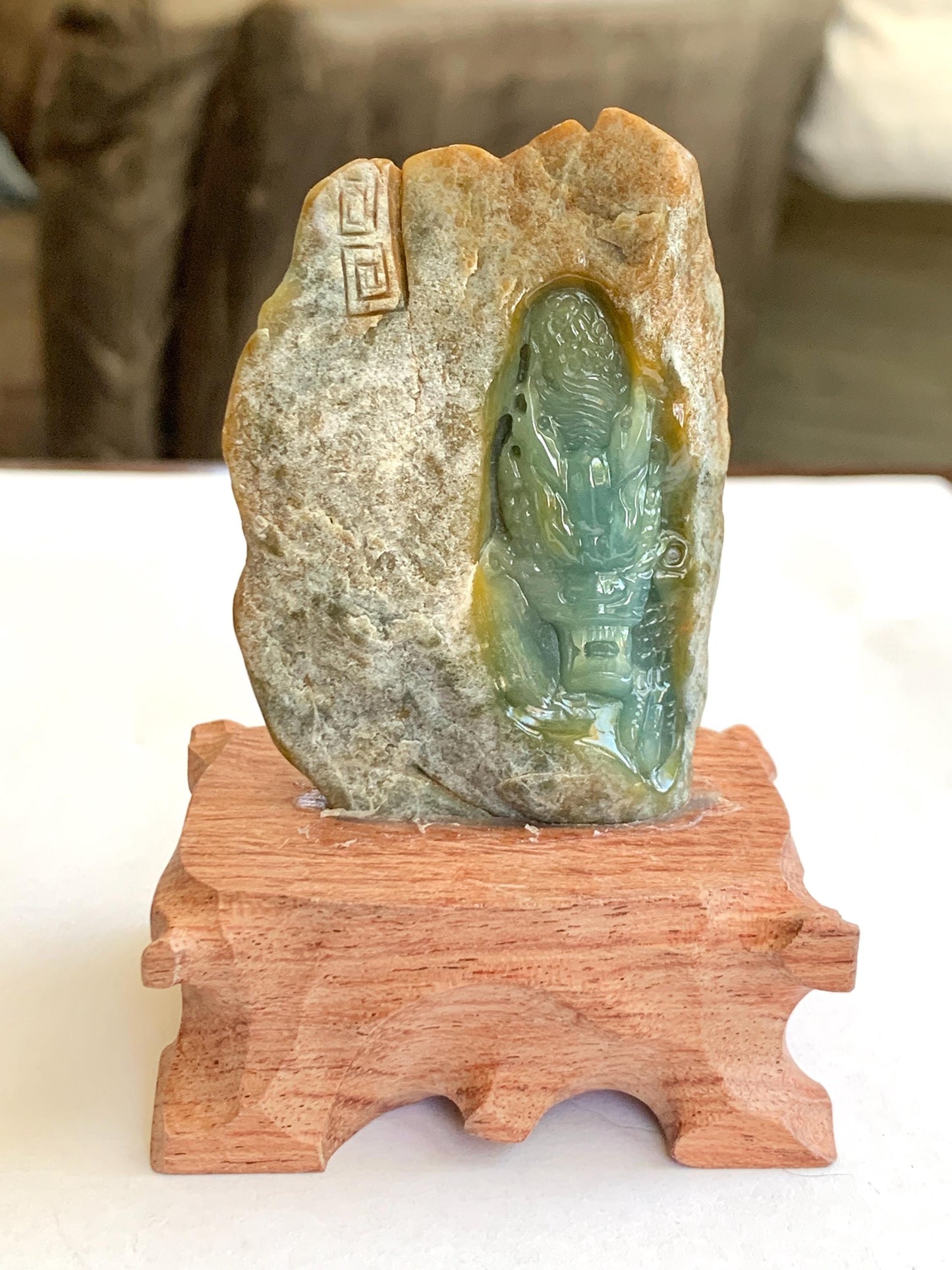 Grade A Natural Guatemalan Dusty Blue Yellow Jade Jadeite with Rind Dragon Carved Rock w/ Wood Stand Home Decor 84g 天然危黄蓝翡翠皮壳料龙头雕小摆 WPKLL