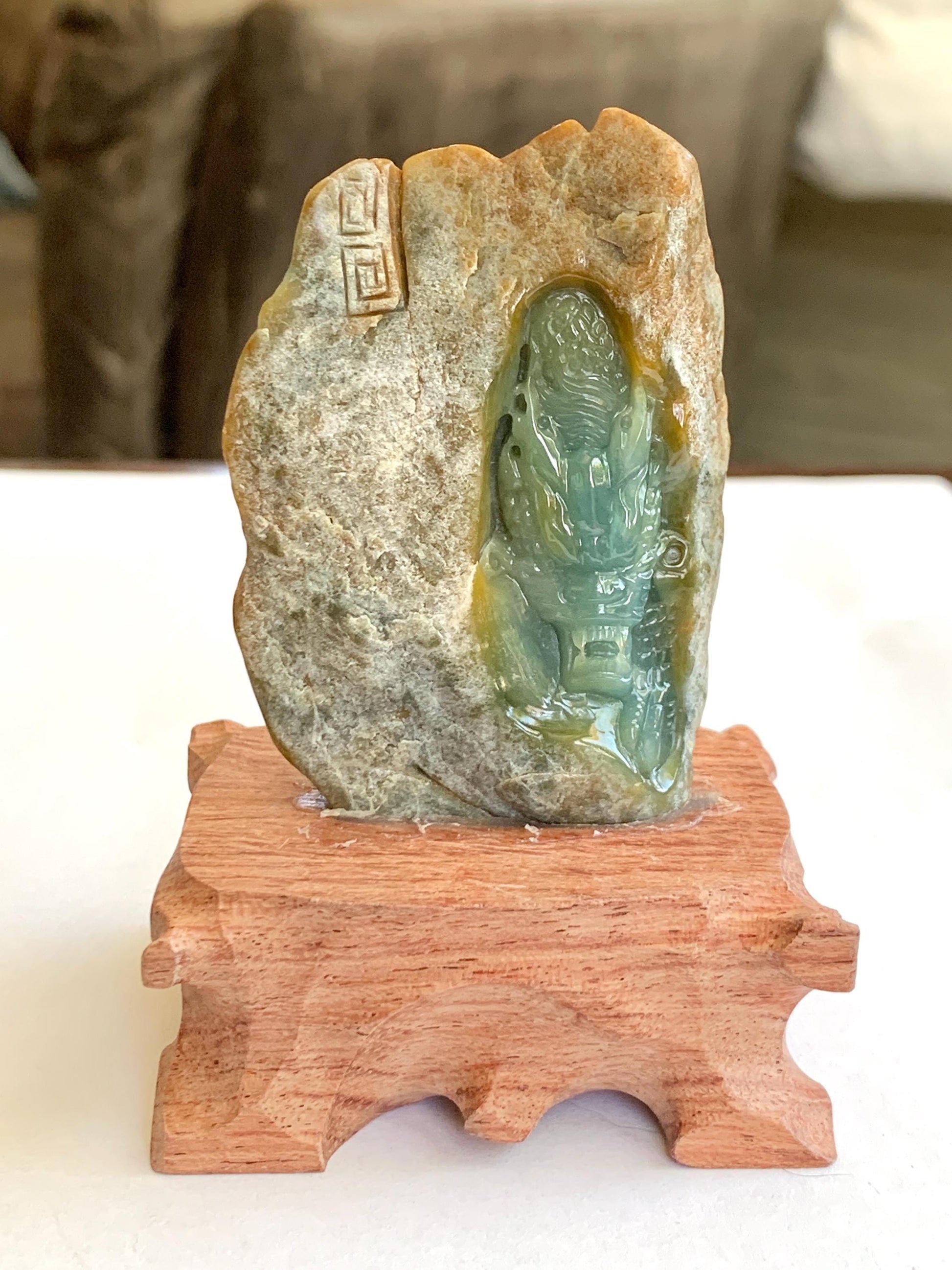 Grade A Natural Guatemalan Dusty Blue Yellow Jade Jadeite with Rind Dragon Carved Rock w/ Wood Stand Home Decor 84g 天然危黄蓝翡翠皮壳料龙头雕小摆 WPKLL