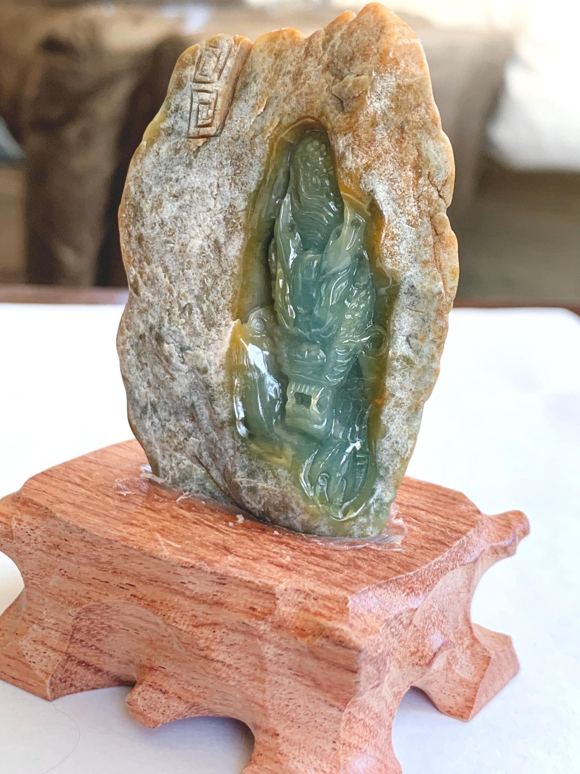 Grade A Natural Guatemalan Dusty Blue Yellow Jade Jadeite with Rind Dragon Carved Rock w/ Wood Stand Home Decor 84g 天然危黄蓝翡翠皮壳料龙头雕小摆 WPKLL