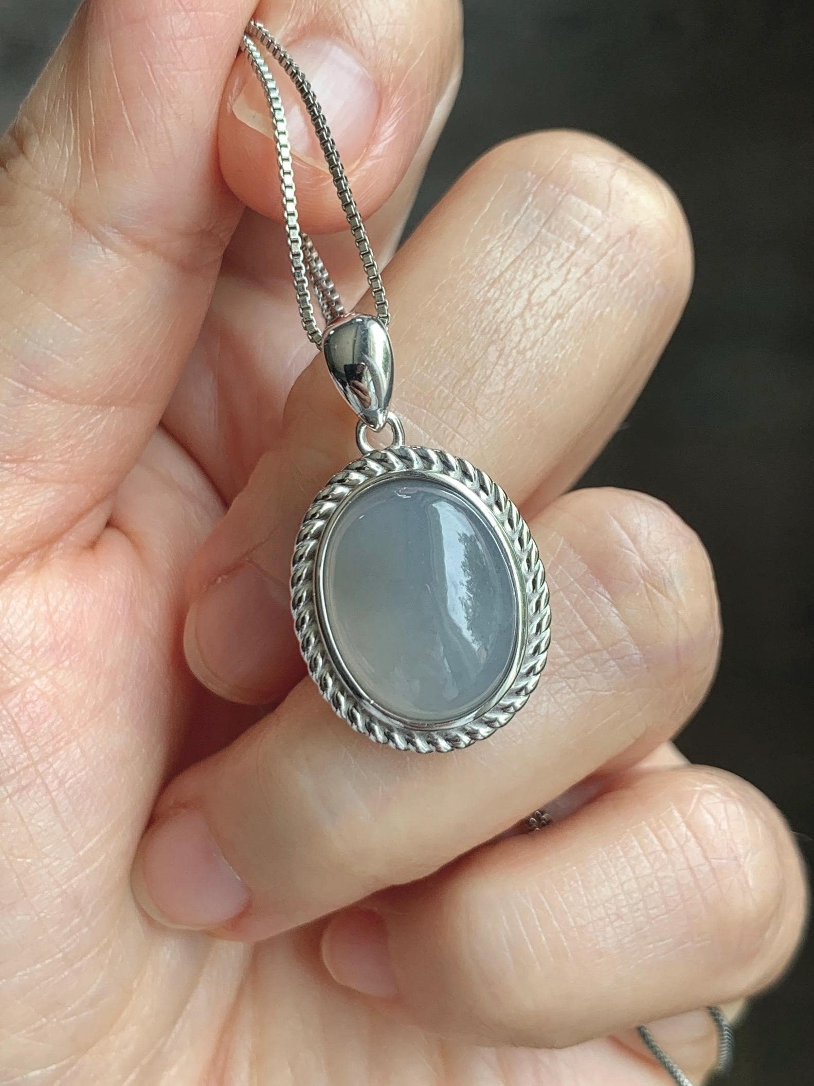 Certified Grade A Natural Icy Translucent Smoky Gray Greige Jade Jadeite Oval Pendant Sterling Silver Custom Design 5.75g 天然冰胶烟灰紫翡翠吊坠 219
