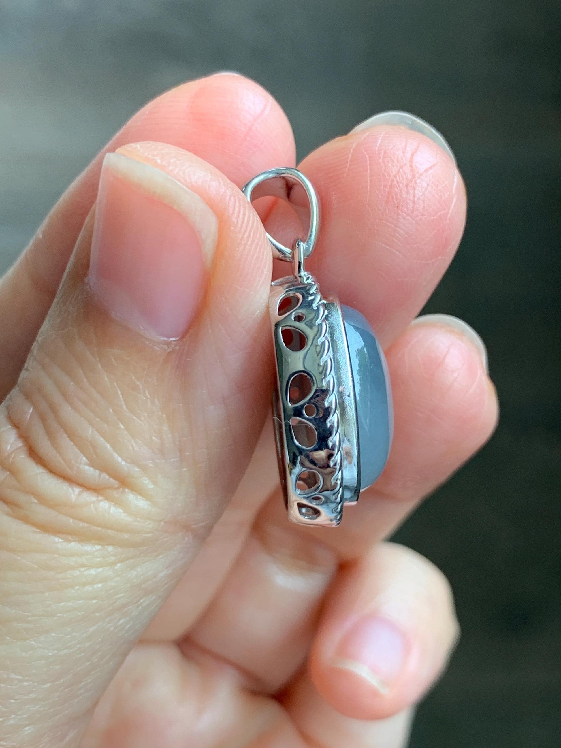 Certified Grade A Natural Icy Translucent Smoky Gray Greige Jade Jadeite Oval Pendant Sterling Silver Custom Design 5.75g 天然冰胶烟灰紫翡翠吊坠 219