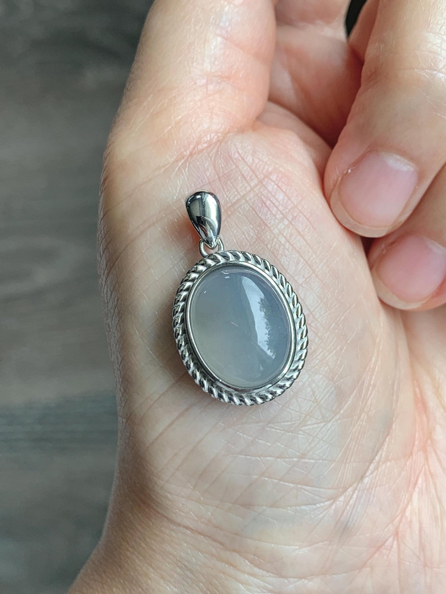 Certified Grade A Natural Icy Translucent Smoky Gray Greige Jade Jadeite Oval Pendant Sterling Silver Custom Design 5.75g 天然冰胶烟灰紫翡翠吊坠 219