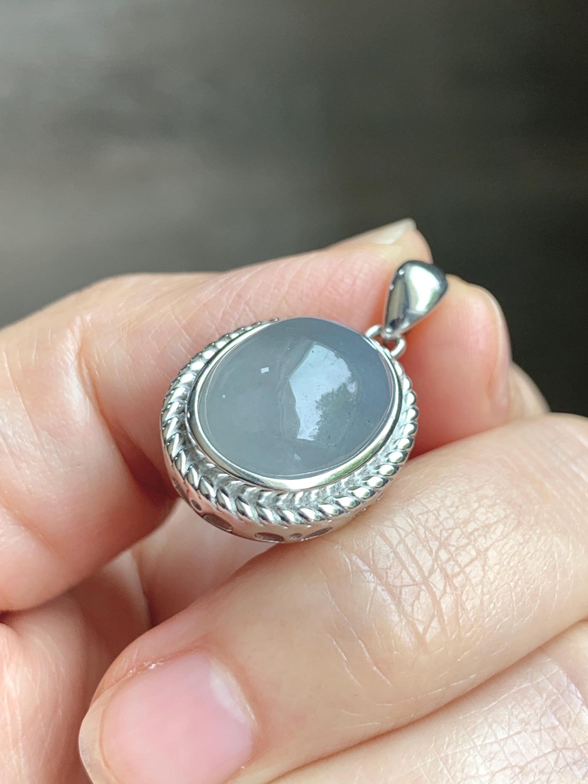 Certified Grade A Natural Icy Translucent Smoky Gray Greige Jade Jadeite Oval Pendant Sterling Silver Custom Design 5.75g 天然冰胶烟灰紫翡翠吊坠 219