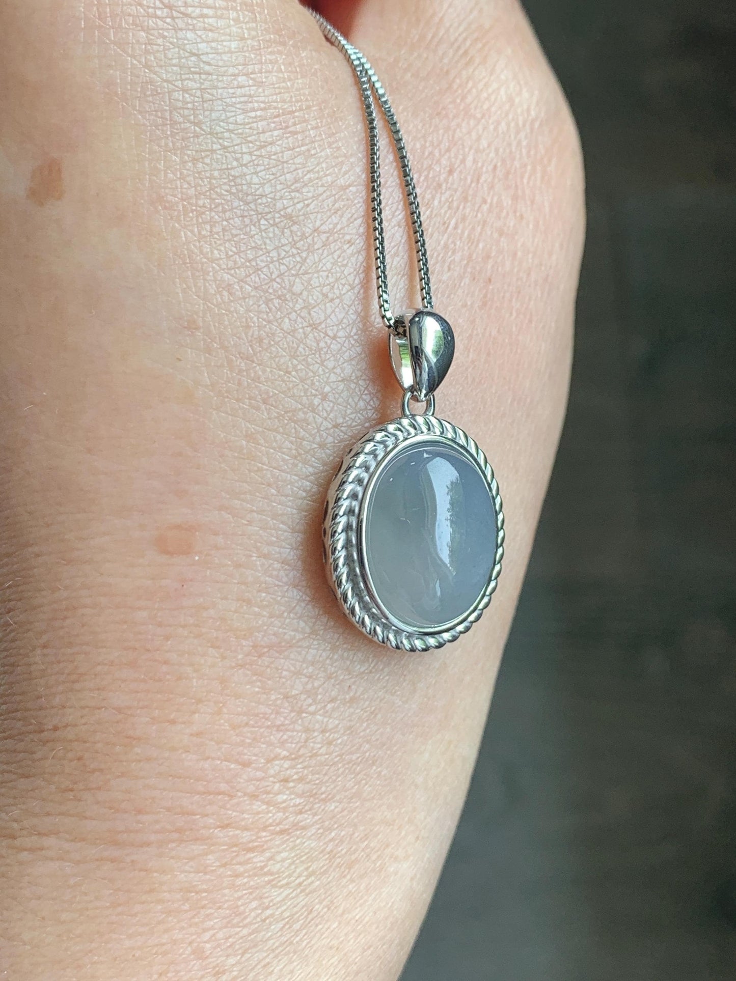 Certified Grade A Natural Icy Translucent Smoky Gray Greige Jade Jadeite Oval Pendant Sterling Silver Custom Design 5.75g 天然冰胶烟灰紫翡翠吊坠 219
