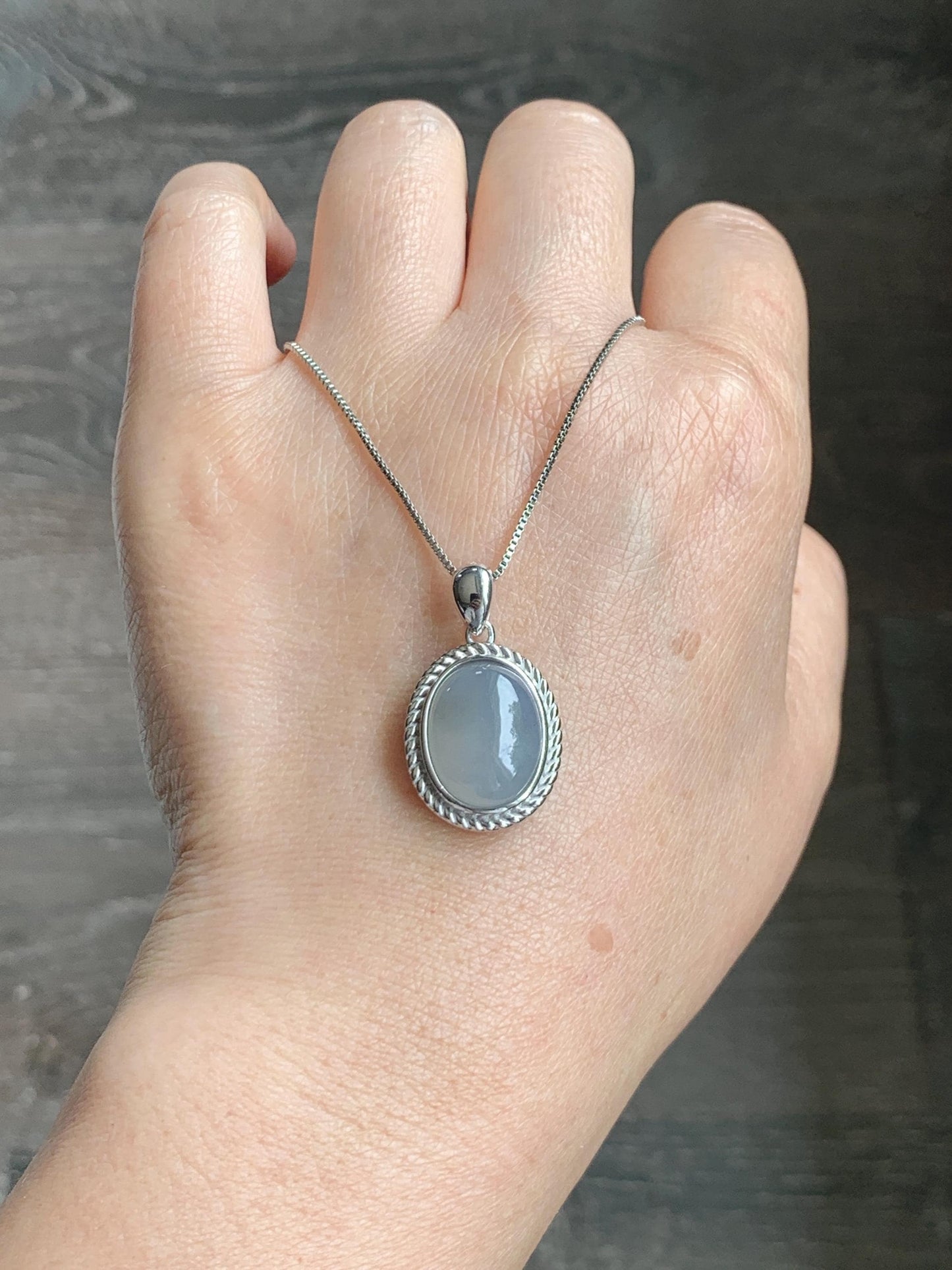 Certified Grade A Natural Icy Translucent Smoky Gray Greige Jade Jadeite Oval Pendant Sterling Silver Custom Design 5.75g 天然冰胶烟灰紫翡翠吊坠 219