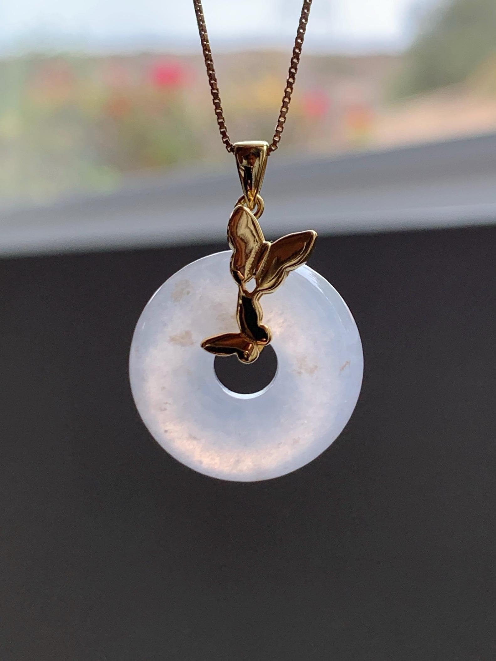 Grade A Natural Icy Highly Translucent White Beige Marbled Jade Jadeite Ping An Kou Donut Ring Pendant Sterling Silver 天然白冰胶翡翠平安扣吊坠 MBQ160J