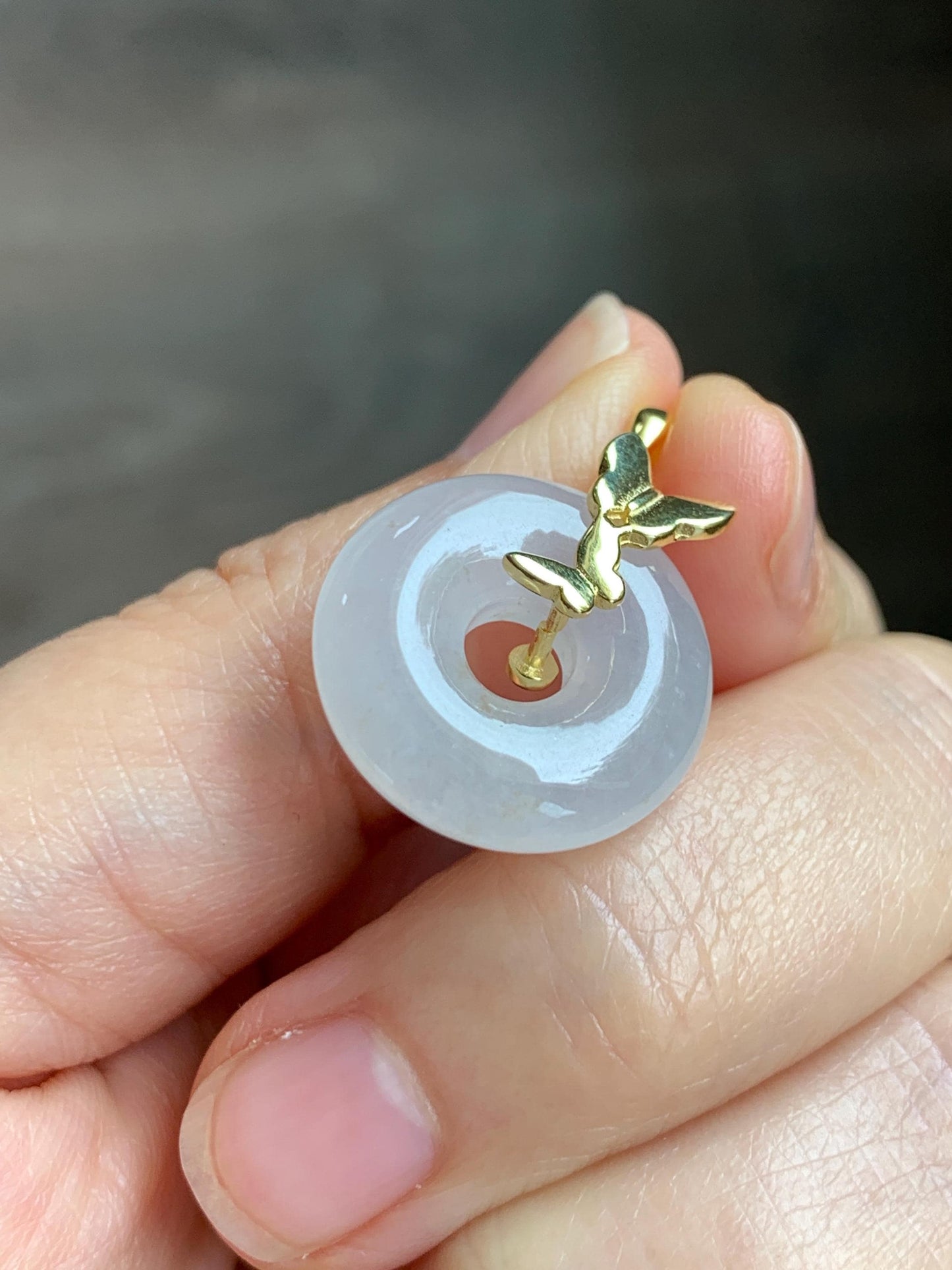 Grade A Natural Icy Highly Translucent White Beige Marbled Jade Jadeite Ping An Kou Donut Ring Pendant Sterling Silver 天然白冰胶翡翠平安扣吊坠 MBQ160J