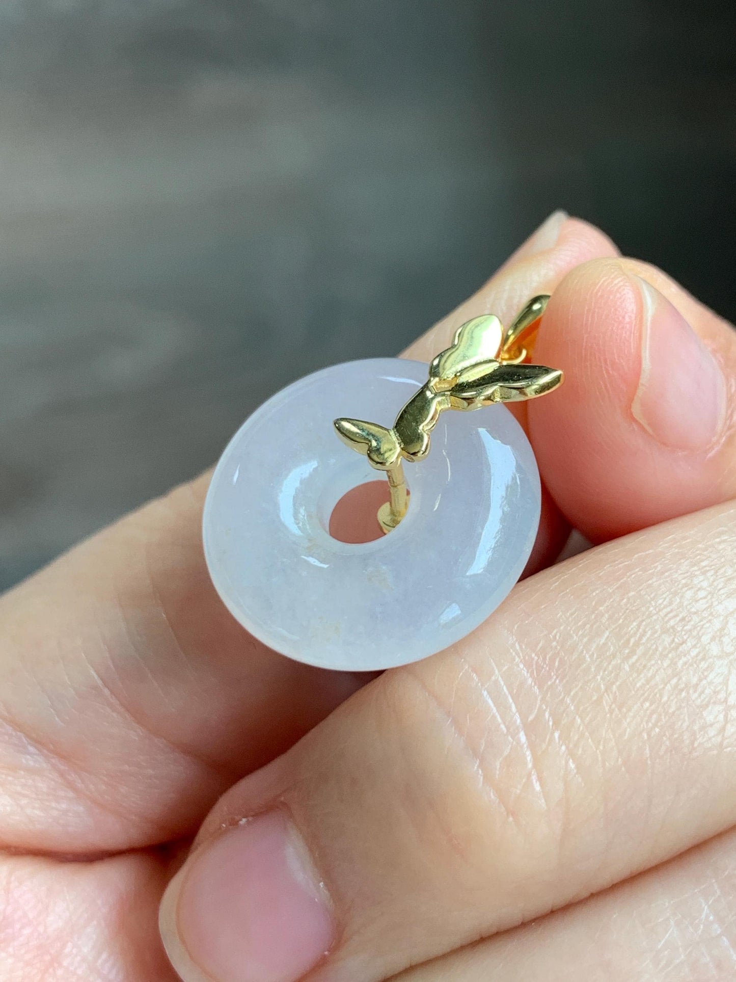 Grade A Natural Icy Highly Translucent White Beige Marbled Jade Jadeite Ping An Kou Donut Ring Pendant Sterling Silver 天然白冰胶翡翠平安扣吊坠 MBQ160J