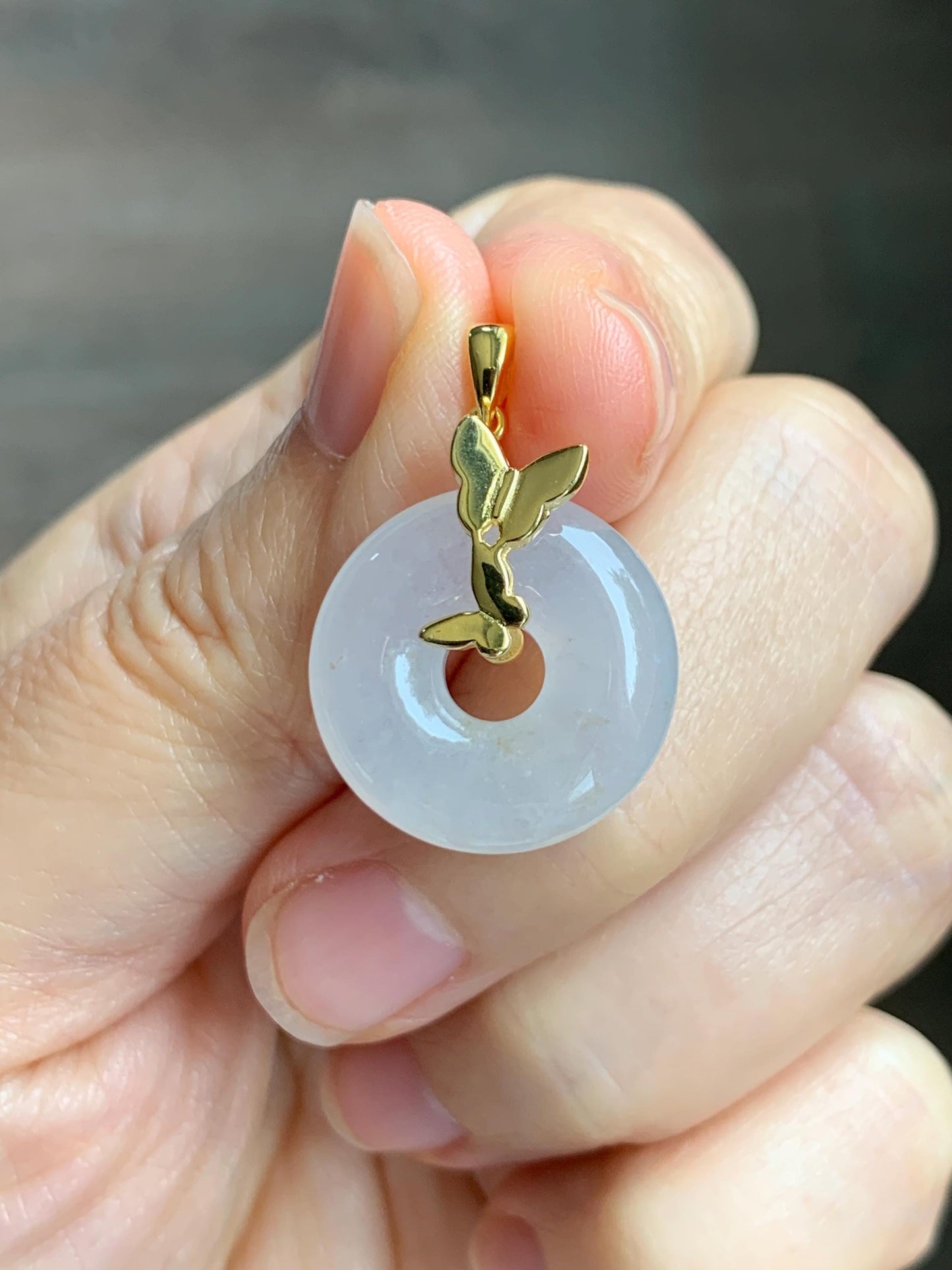 Grade A Natural Icy Highly Translucent White Beige Marbled Jade Jadeite Ping An Kou Donut Ring Pendant Sterling Silver 天然白冰胶翡翠平安扣吊坠 MBQ160J