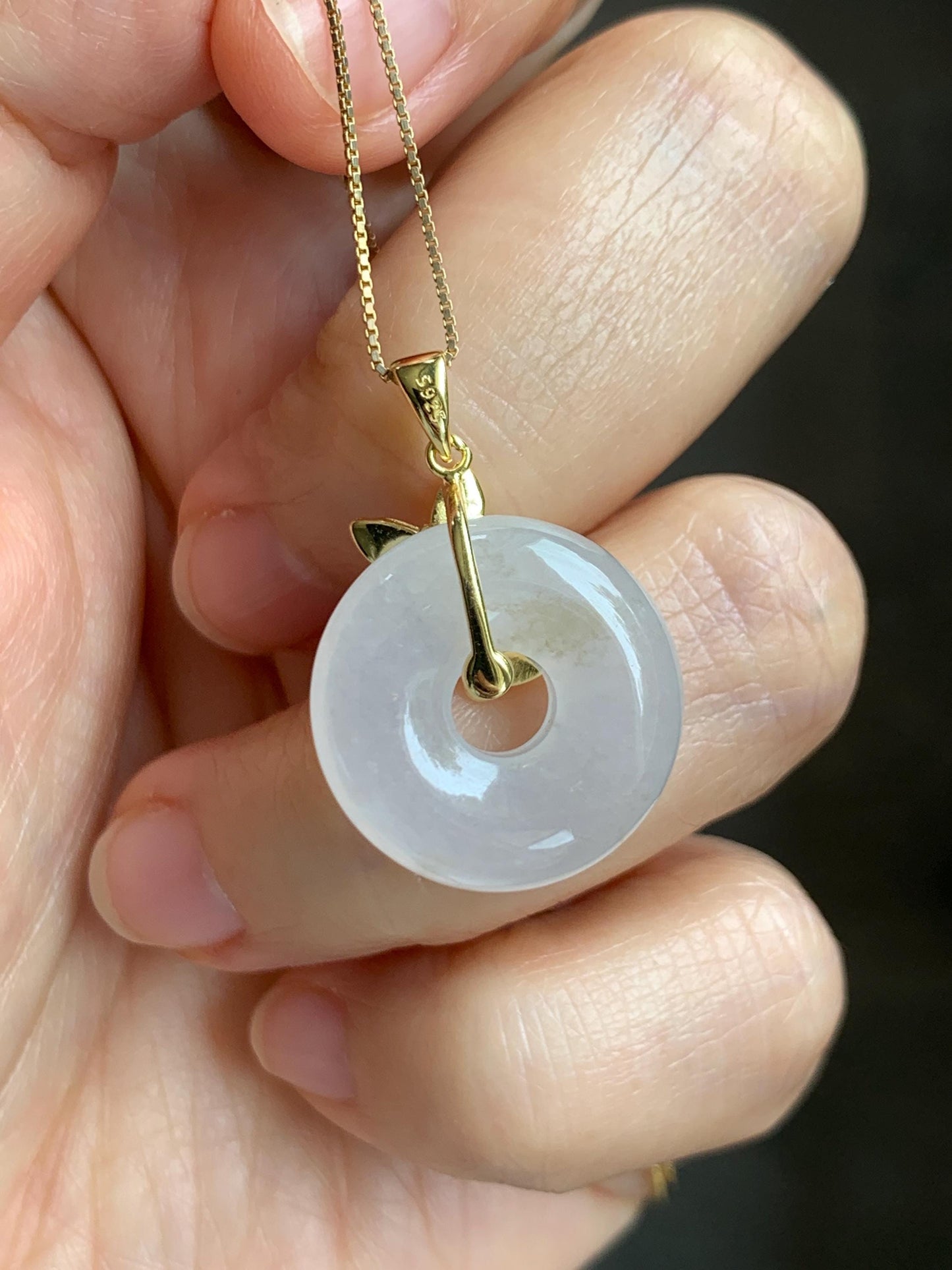 Grade A Natural Icy Highly Translucent White Beige Marbled Jade Jadeite Ping An Kou Donut Ring Pendant Sterling Silver 天然白冰胶翡翠平安扣吊坠 MBQ160J