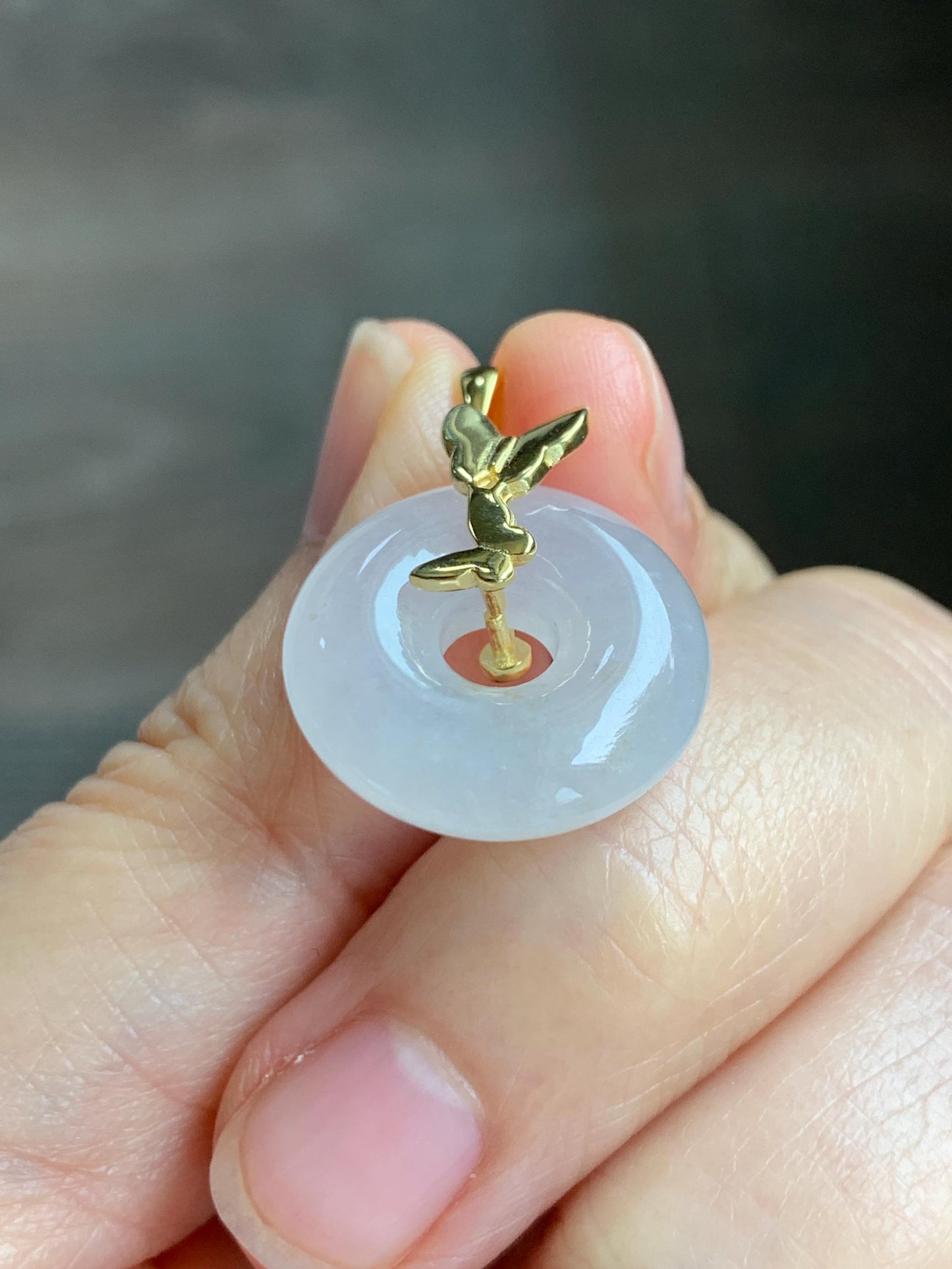 Grade A Natural Icy Highly Translucent White Beige Marbled Jade Jadeite Ping An Kou Donut Ring Pendant Sterling Silver 天然白冰胶翡翠平安扣吊坠 MBQ160J
