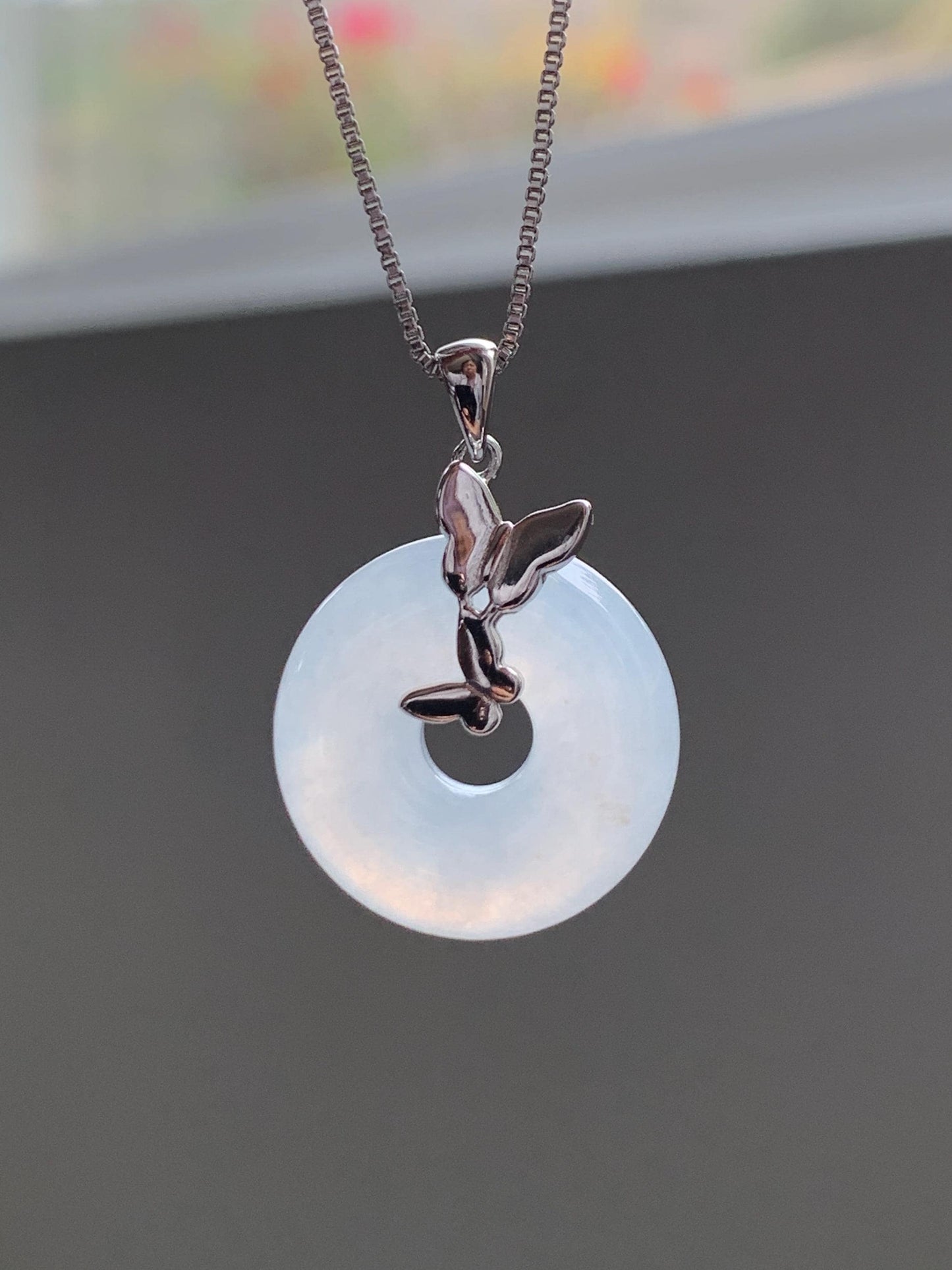 Grade A Natural Icy Highly Translucent White Jade Jadeite Ping An Kou Donut Ring Pendant Sterling Silver 天然白冰胶翡翠平安扣吊坠 MBQ160S