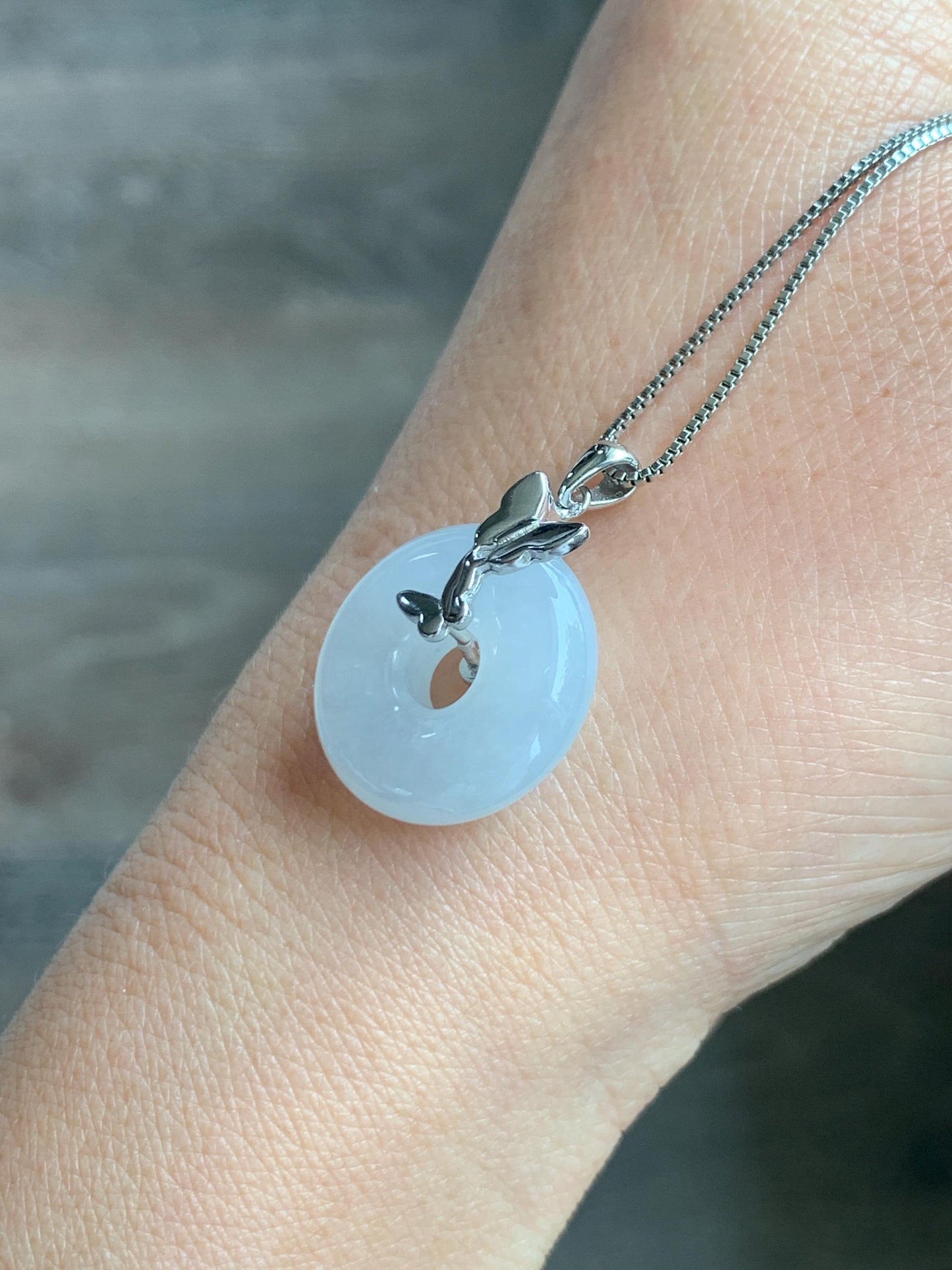Grade A Natural Icy Highly Translucent White Jade Jadeite Ping An Kou Donut Ring Pendant Sterling Silver 天然白冰胶翡翠平安扣吊坠 MBQ160S