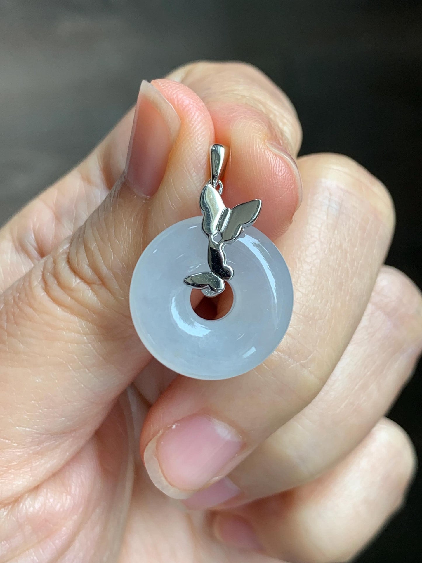 Grade A Natural Icy Highly Translucent White Jade Jadeite Ping An Kou Donut Ring Pendant Sterling Silver 天然白冰胶翡翠平安扣吊坠 MBQ160S