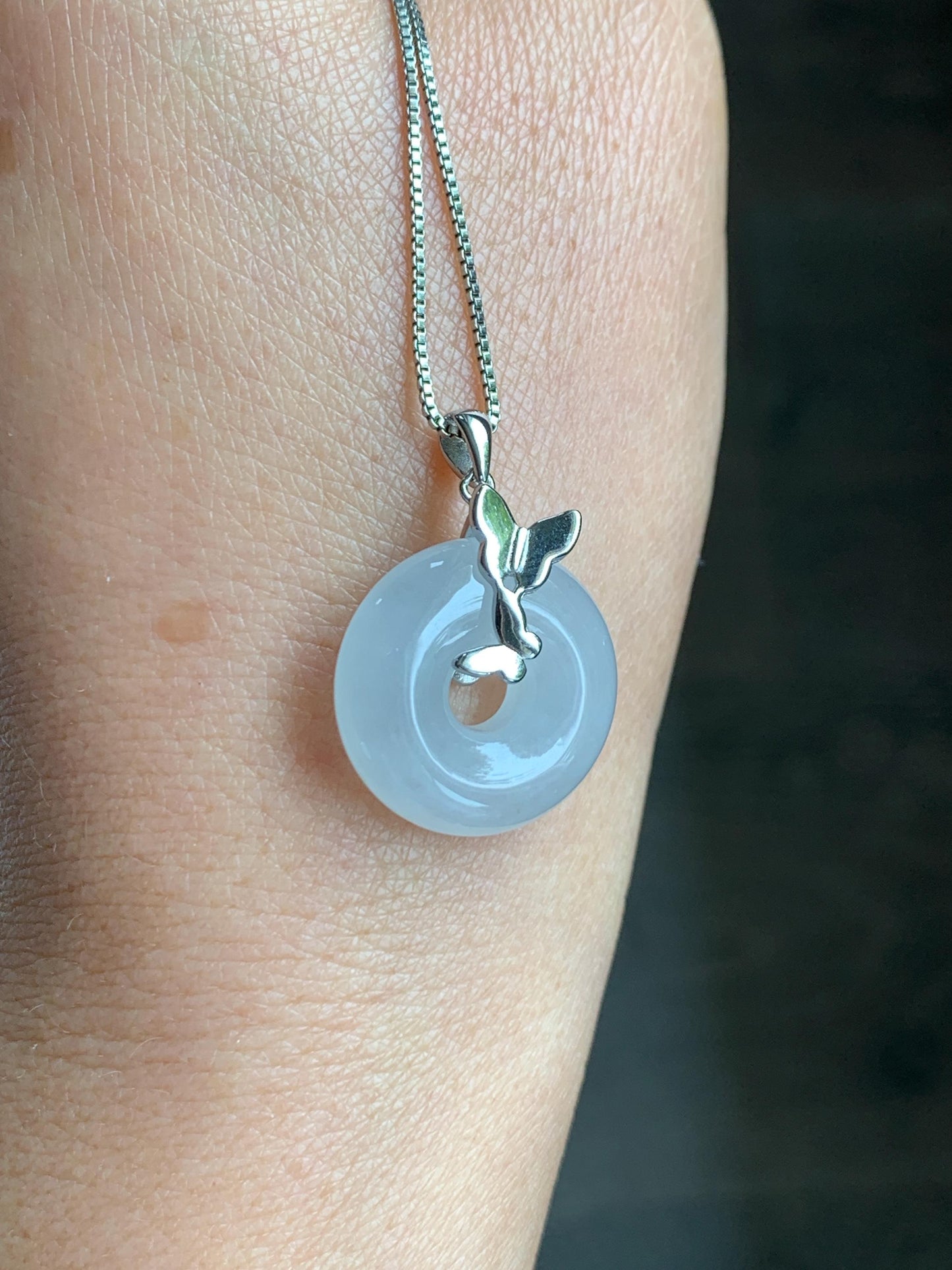 Grade A Natural Icy Highly Translucent White Jade Jadeite Ping An Kou Donut Ring Pendant Sterling Silver 天然白冰胶翡翠平安扣吊坠 MBQ160S
