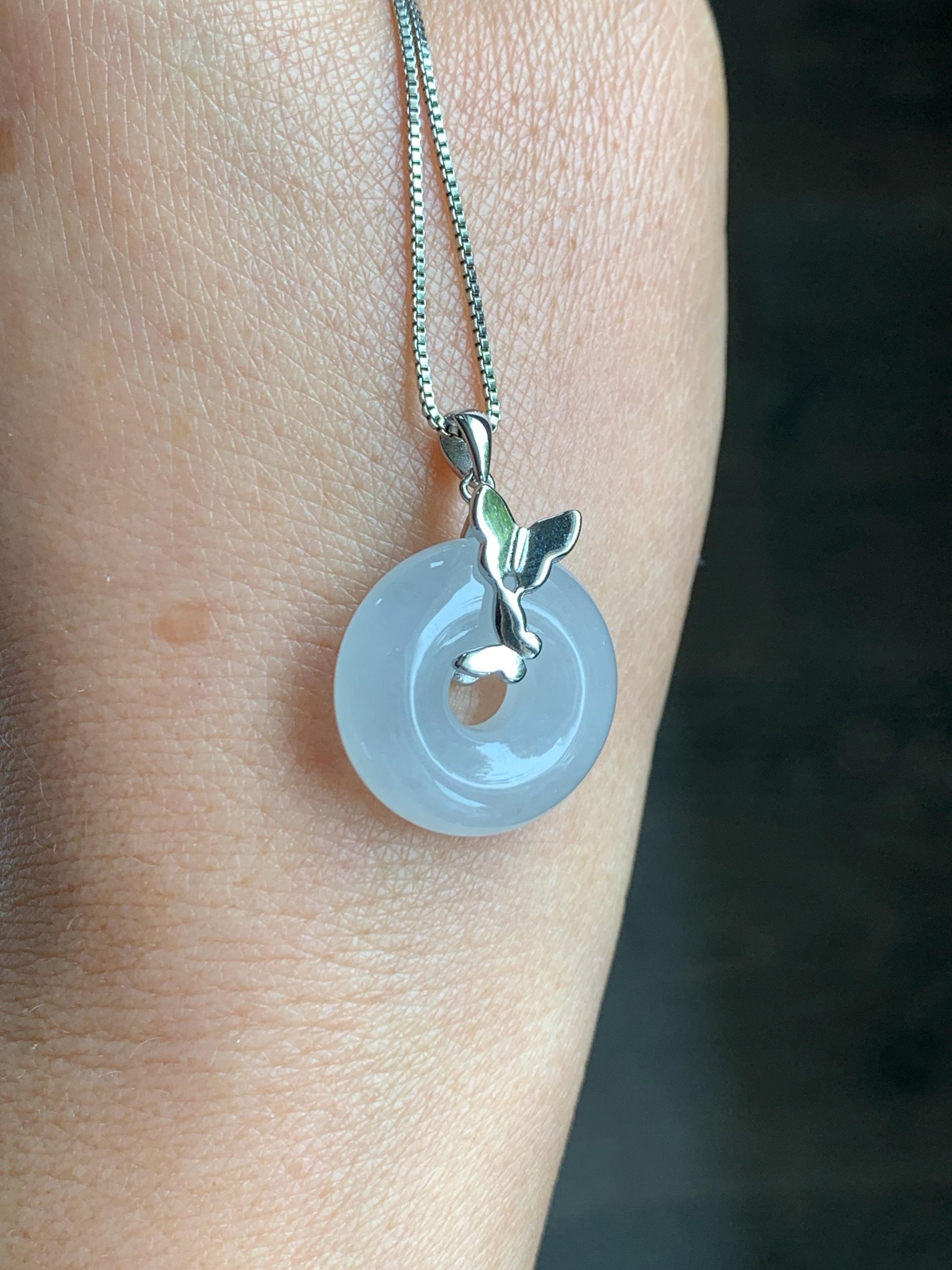 Grade A Natural Icy Highly Translucent White Jade Jadeite Ping An Kou Donut Ring Pendant Sterling Silver 天然白冰胶翡翠平安扣吊坠 MBQ160S