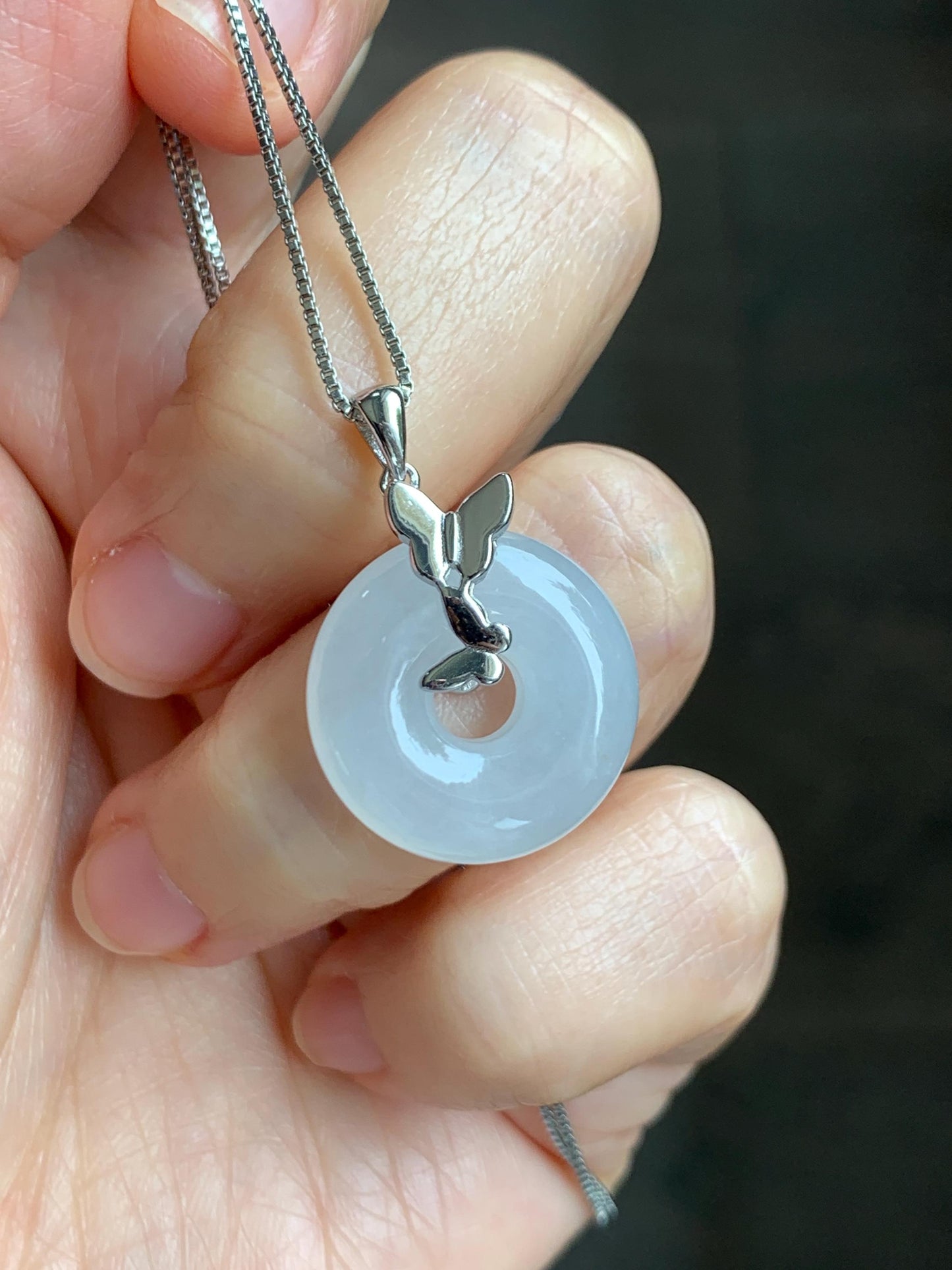 Grade A Natural Icy Highly Translucent White Jade Jadeite Ping An Kou Donut Ring Pendant Sterling Silver 天然白冰胶翡翠平安扣吊坠 MBQ160S