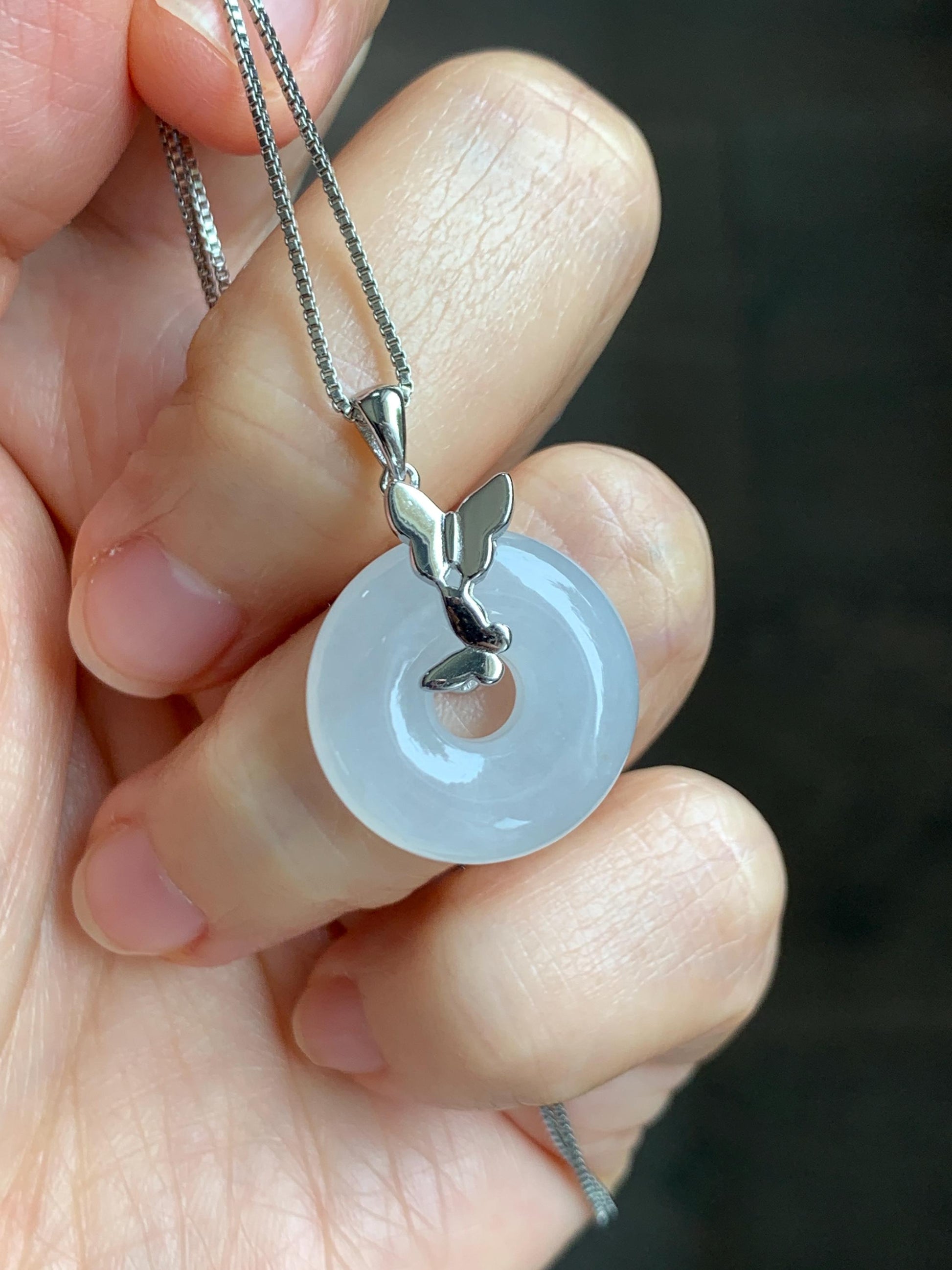 Grade A Natural Icy Highly Translucent White Jade Jadeite Ping An Kou Donut Ring Pendant Sterling Silver 天然白冰胶翡翠平安扣吊坠 MBQ160S