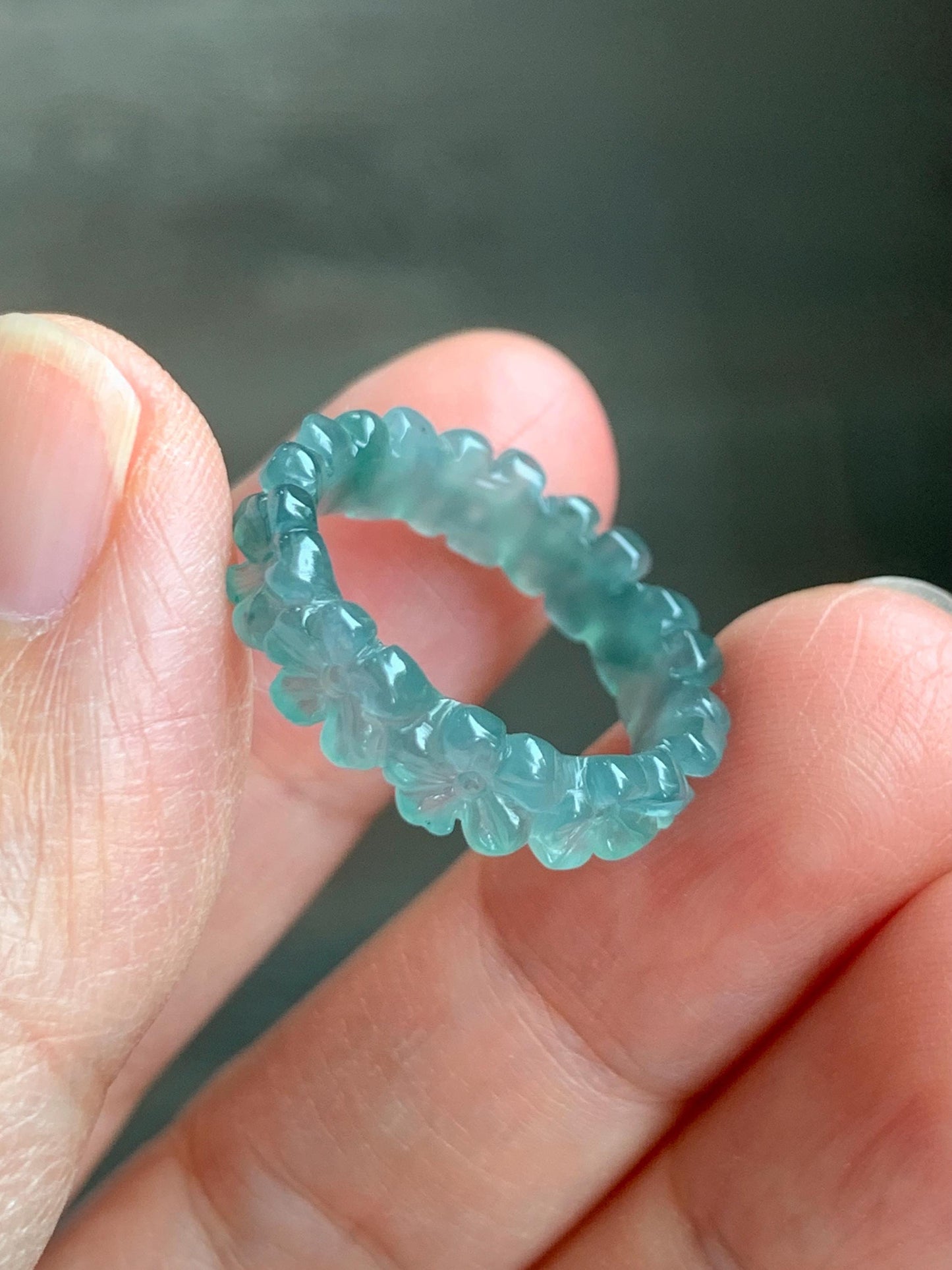 Grade A Natural Guatemalan Icy Translucent Teal Blue Jade Jadeite Carved Cherry Blossom Band Ring Size 6.25 US 天然冰胶危蓝翡翠梅花戒圈 WMH330A