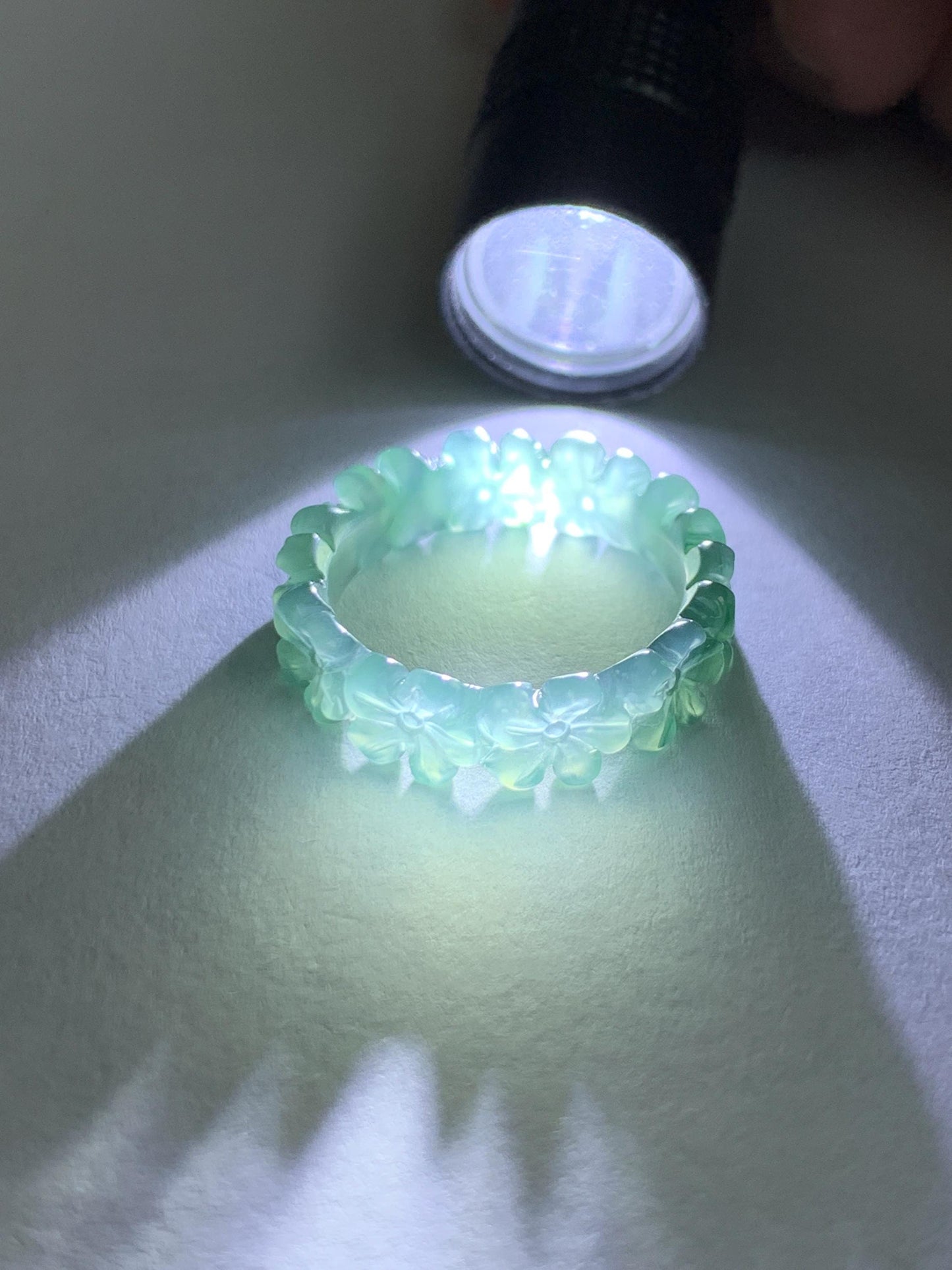 Grade A Natural Guatemalan Icy Translucent Teal Blue Jade Jadeite Carved Cherry Blossom Band Ring Size 6.25 US 天然冰胶危蓝翡翠梅花戒圈 WMH330A