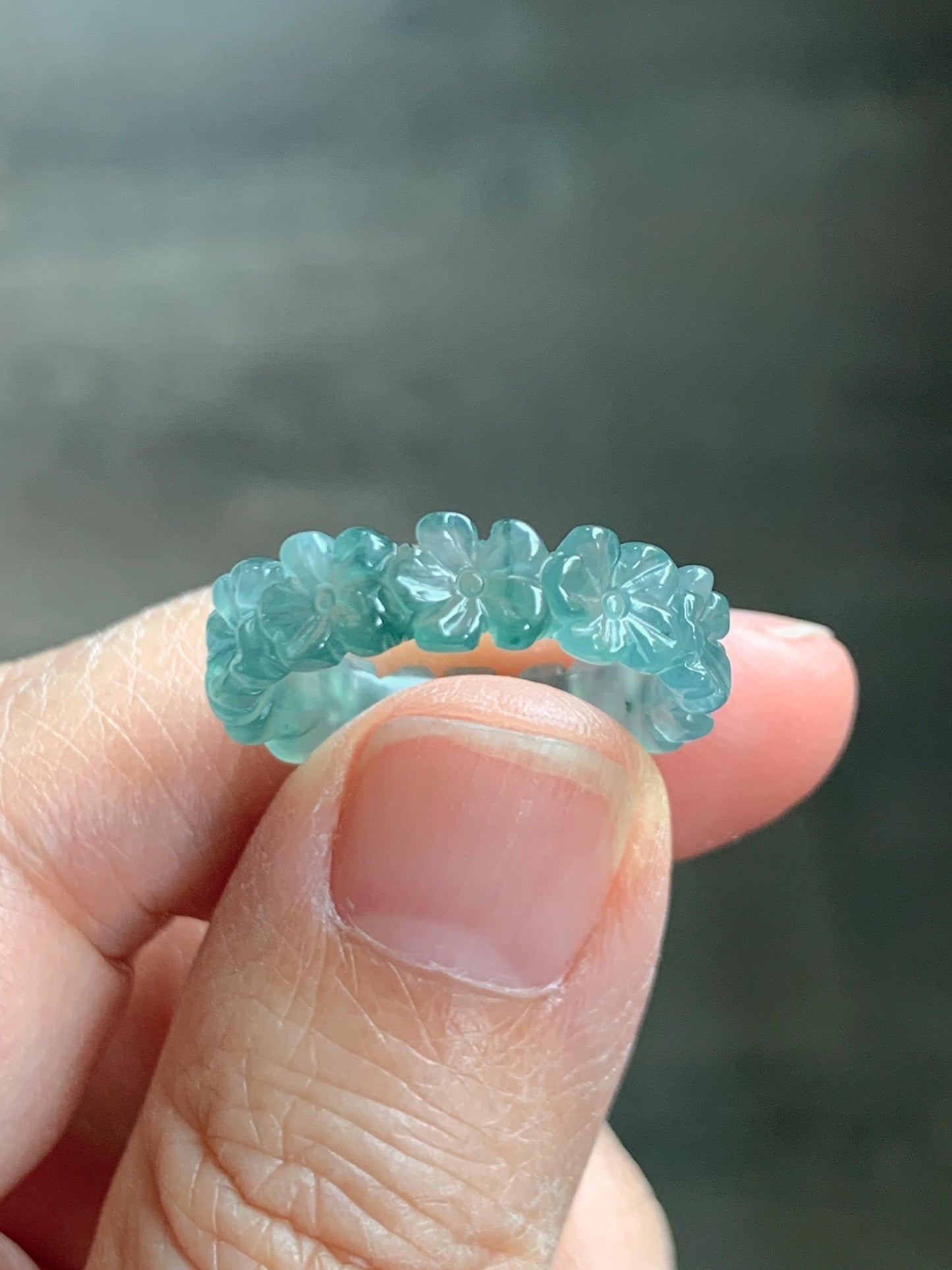 Grade A Natural Guatemalan Icy Translucent Teal Blue Jade Jadeite Carved Cherry Blossom Band Ring Size 6.25 US 天然冰胶危蓝翡翠梅花戒圈 WMH330A