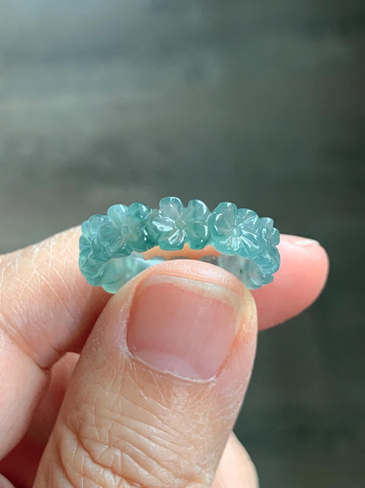 Grade A Natural Guatemalan Icy Translucent Teal Blue Jade Jadeite Carved Cherry Blossom Band Ring Size 6.25 US 天然冰胶危蓝翡翠梅花戒圈 WMH330A